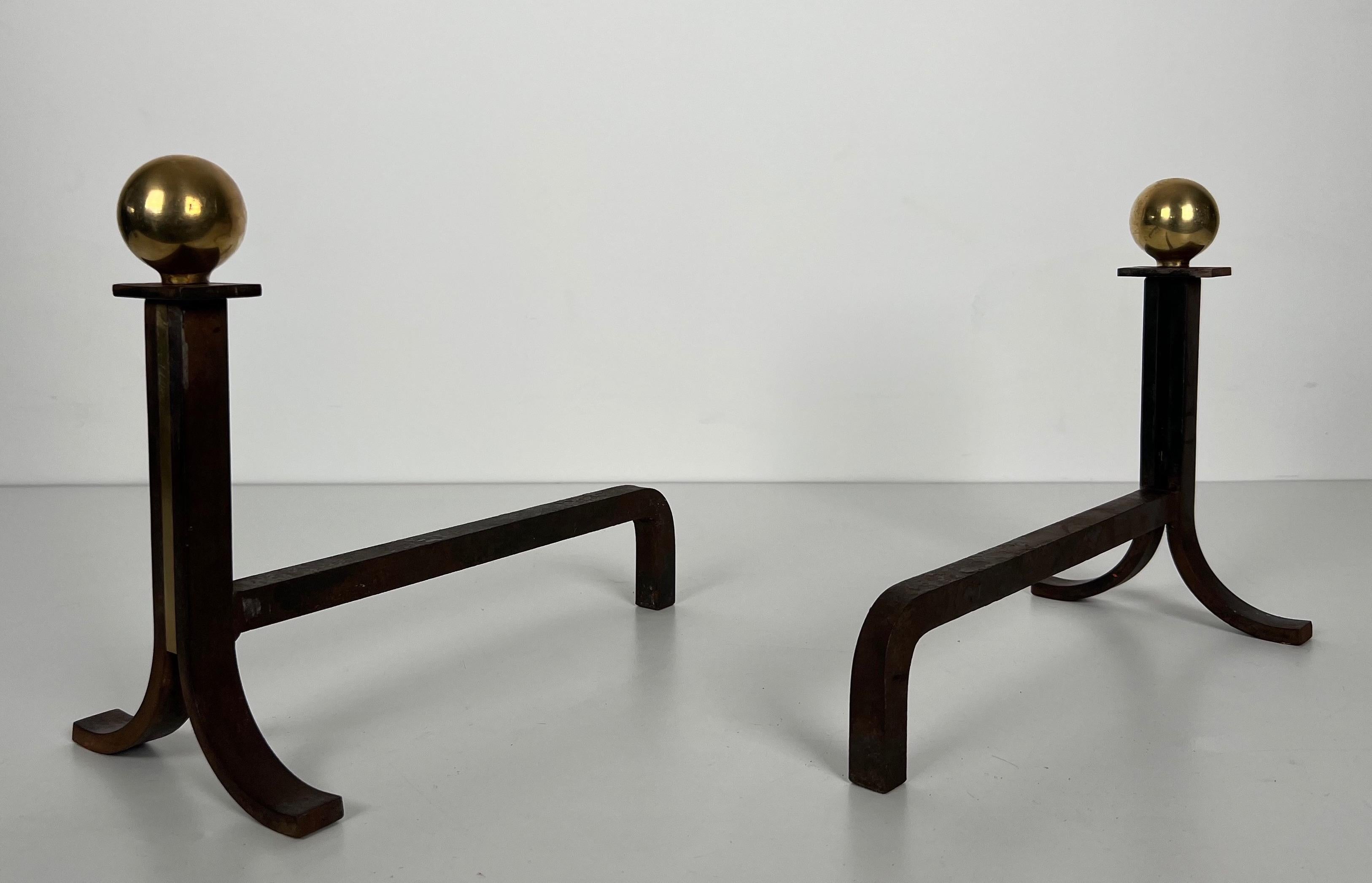 Mid-20th Century Pair of Modernist Cast Iron, Brass and Wrought Iron Andirons 