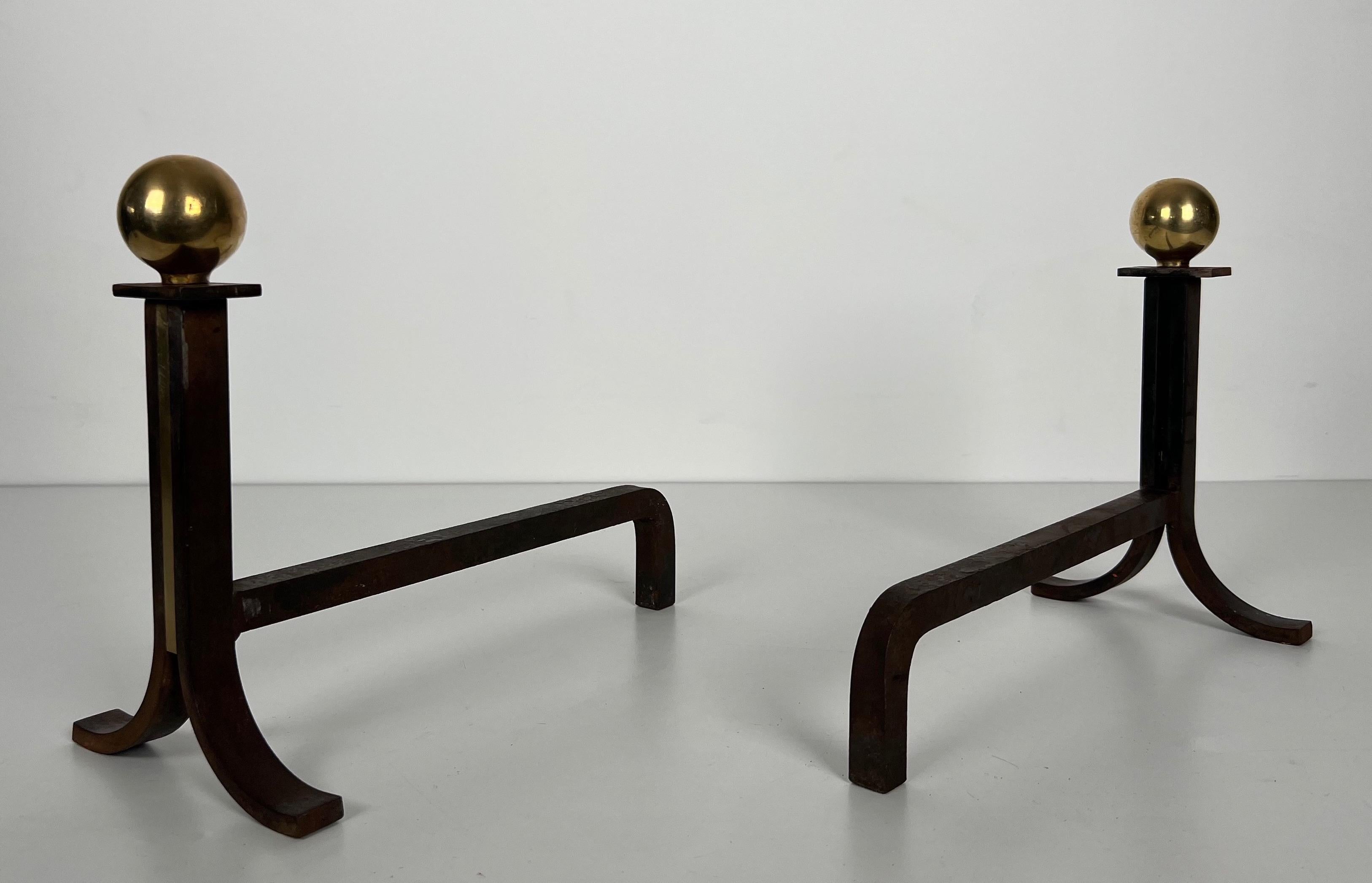 Mid-20th Century Pair of Modernist Cast Iron, Brass and Wrought Iron Andirons For Sale