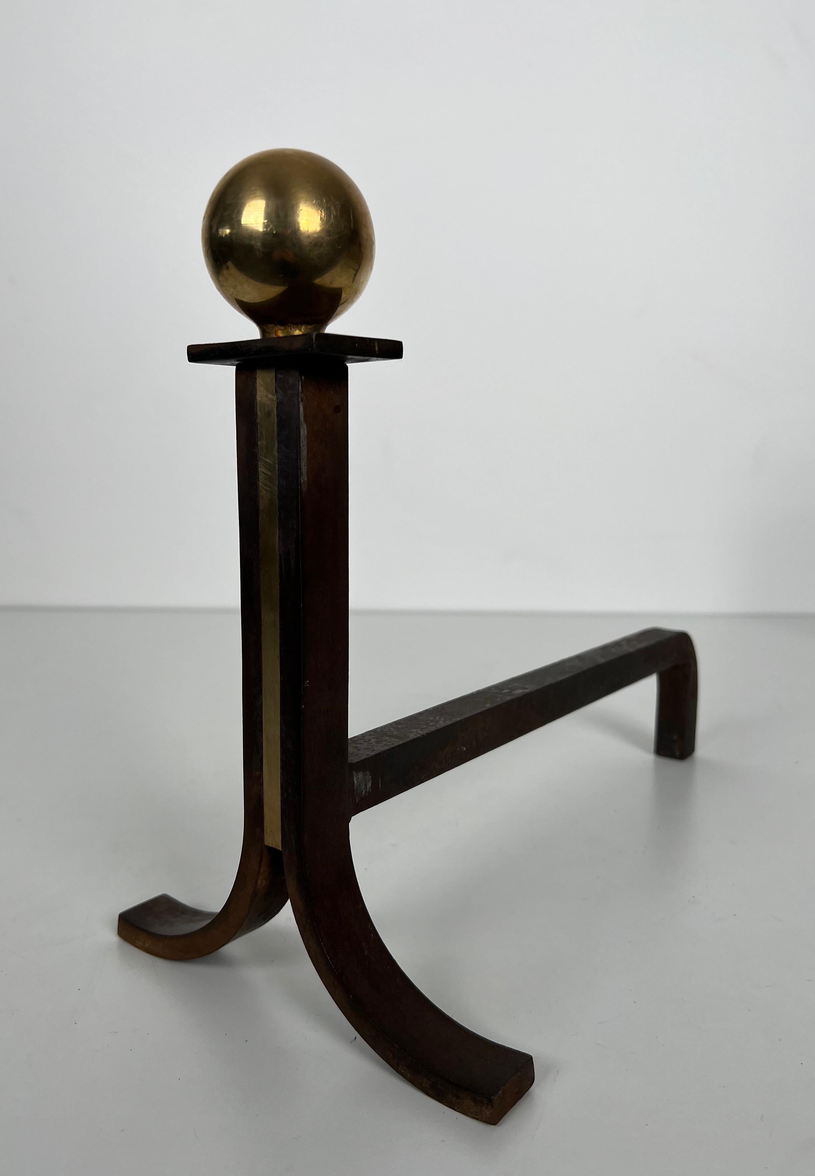 Pair of Modernist Cast Iron, Brass and Wrought Iron Andirons For Sale 1