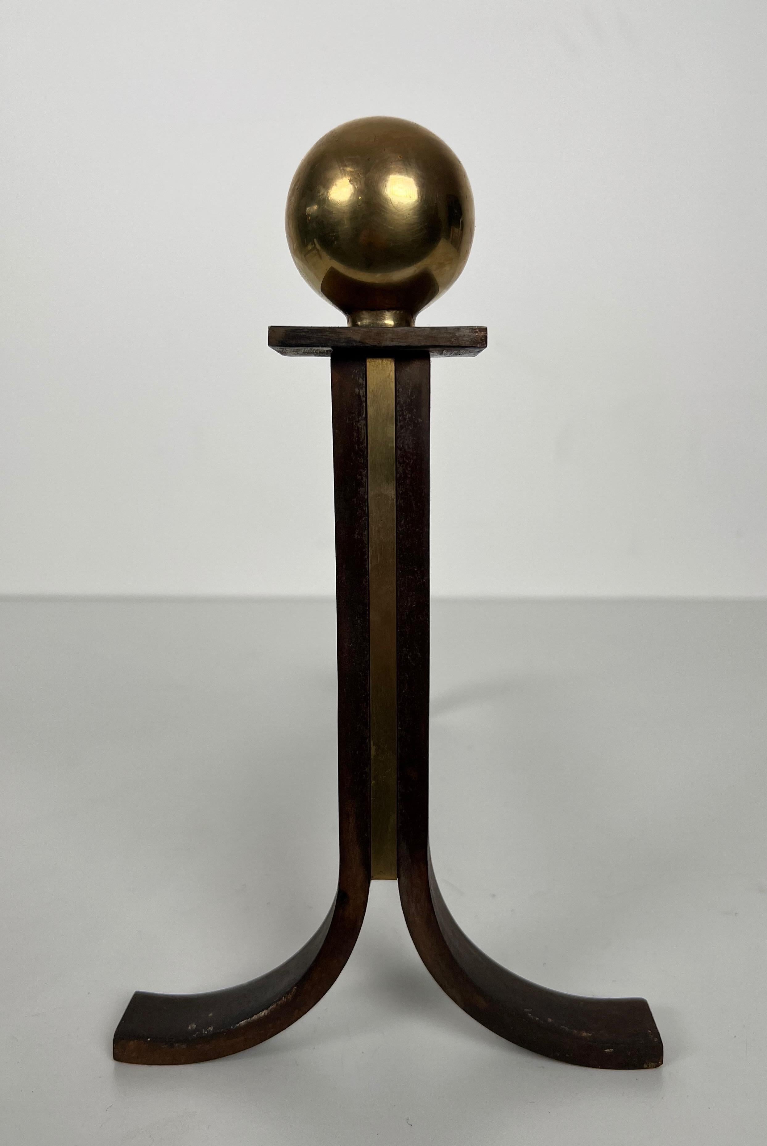 Pair of Modernist Cast Iron, Brass and Wrought Iron Andirons For Sale 2