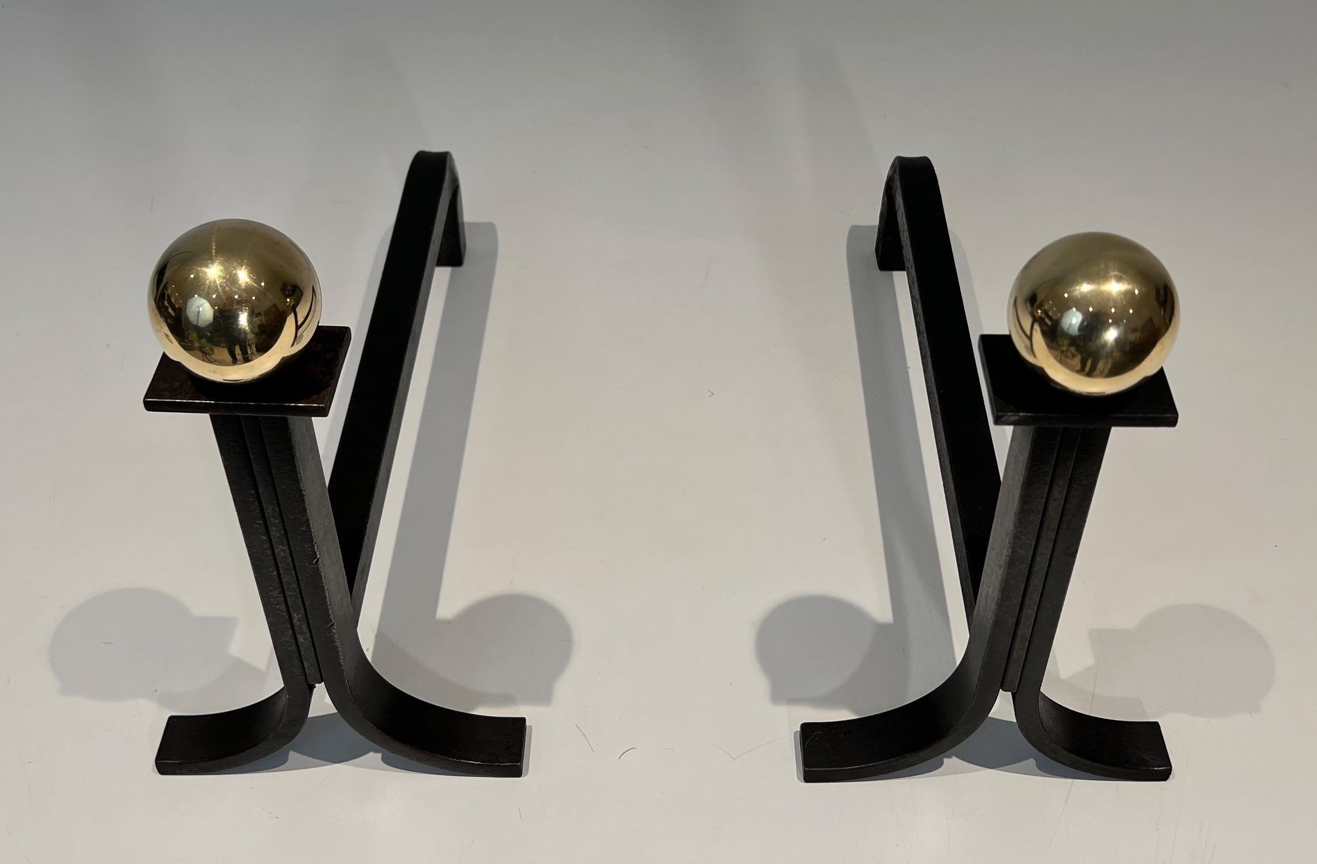 Pair of Modernist Cast Iron, Brass and Wrought Iron Andirons in the Style of Jac For Sale 6