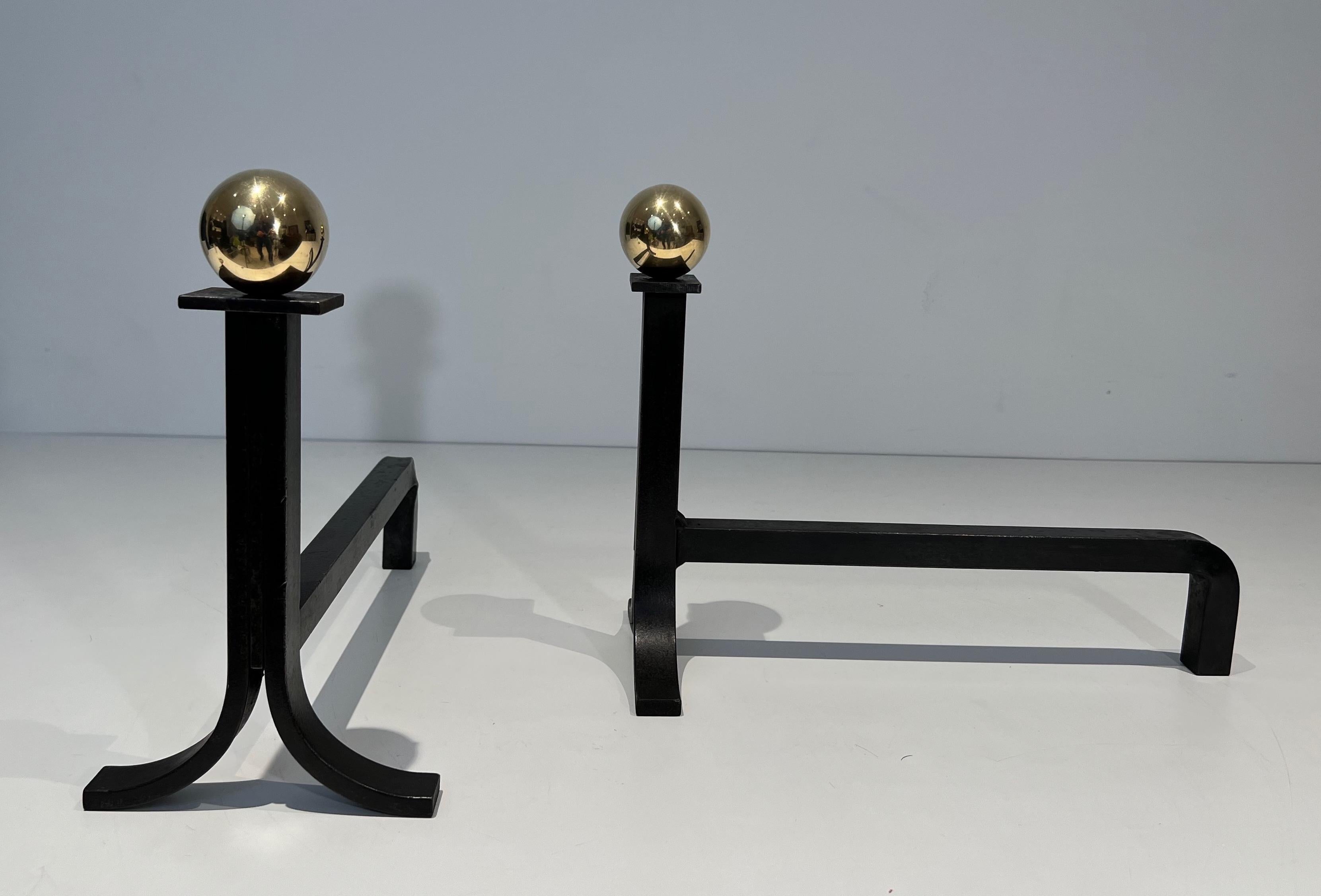 Pair of Modernist Cast Iron, Brass and Wrought Iron Andirons in the Style of Jac For Sale 1