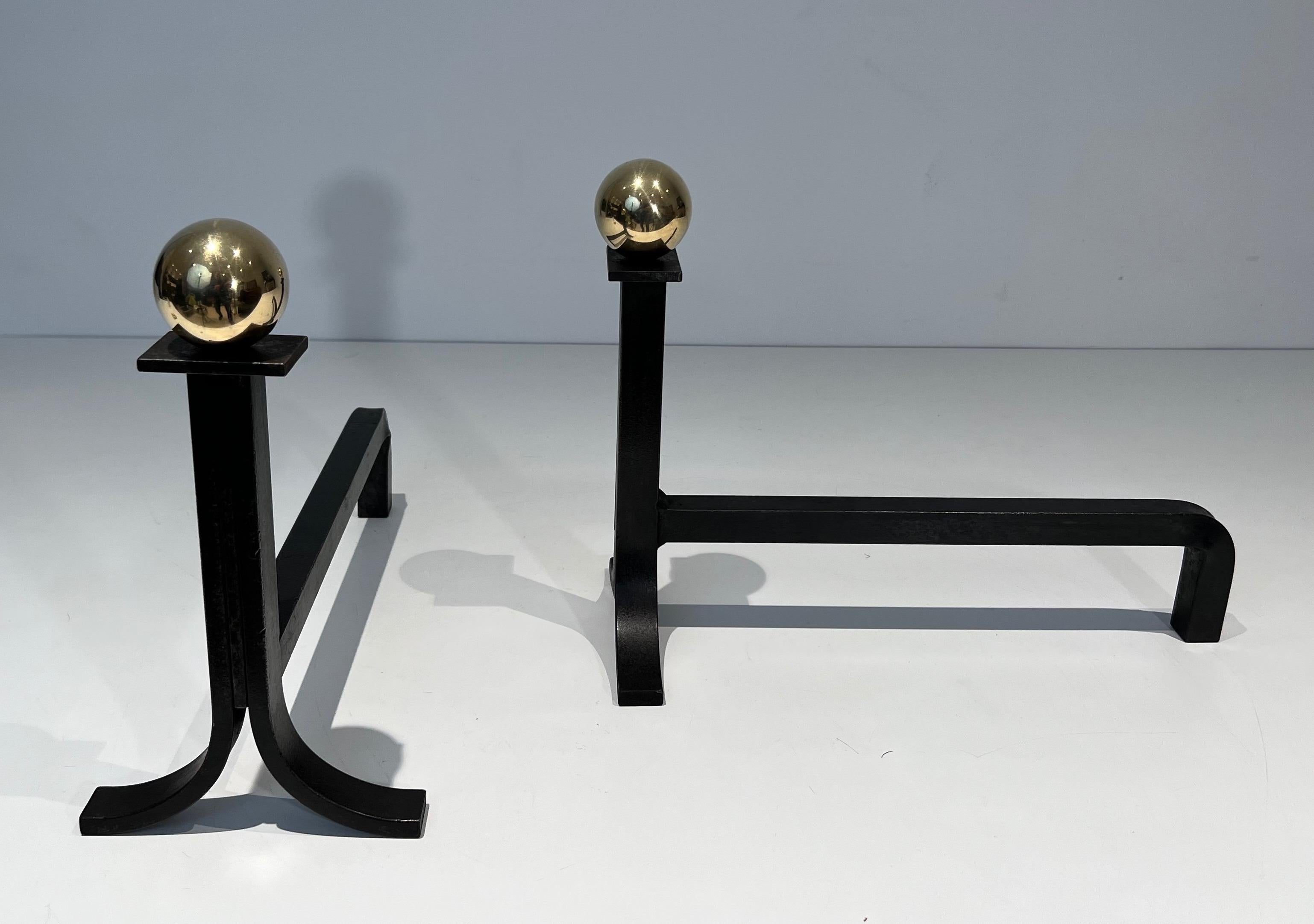 Pair of Modernist Cast Iron, Brass and Wrought Iron Andirons in the Style of Jac For Sale 2