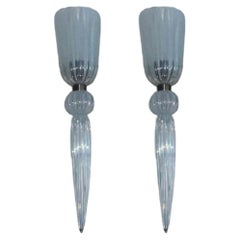 Pair of Modernist Celadon Opaline Murano Glass & Brass Sconces. 21st Century