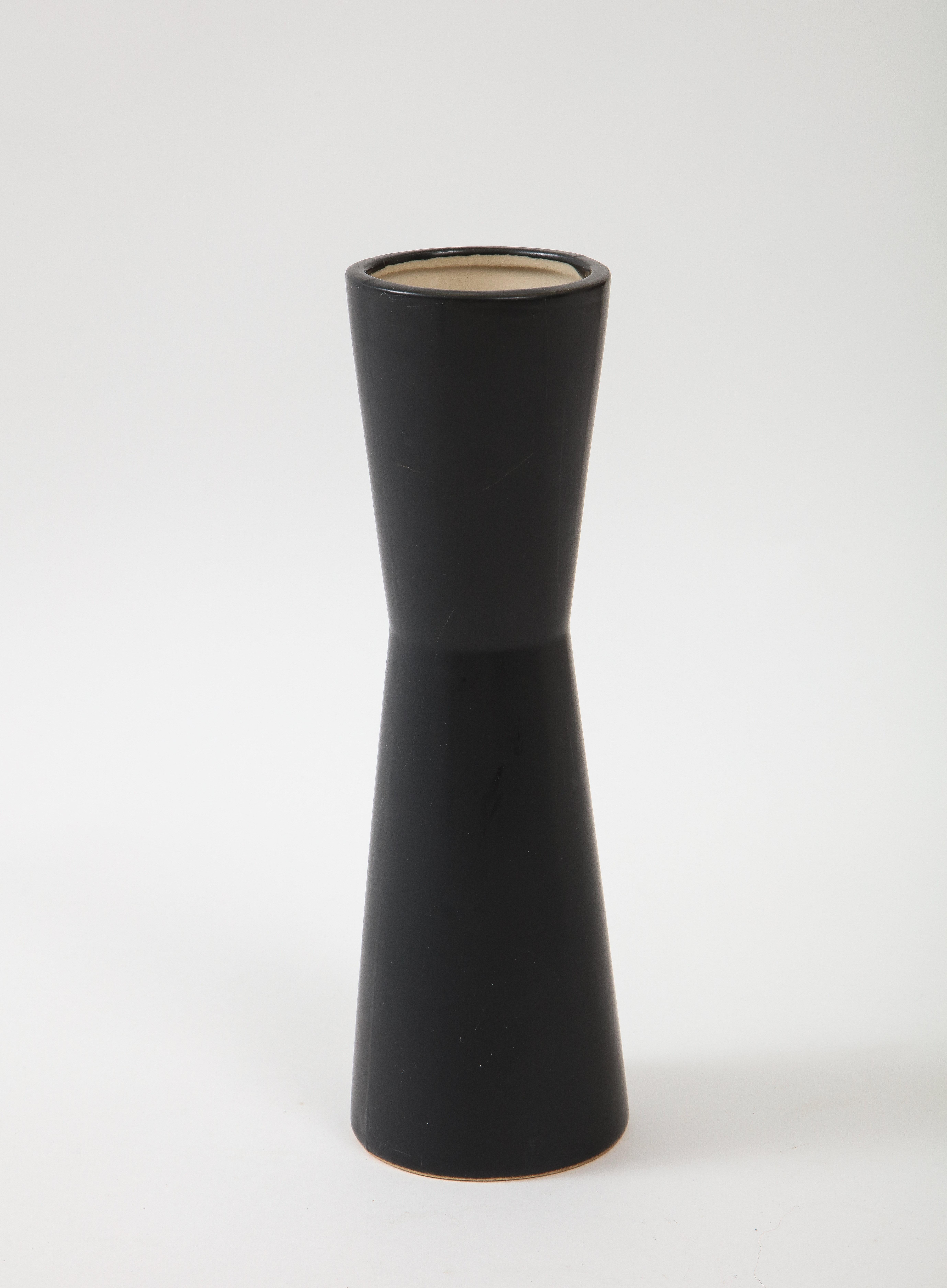 French Pair of Modernist Ceramic Matte Black Vases, France, 1950's