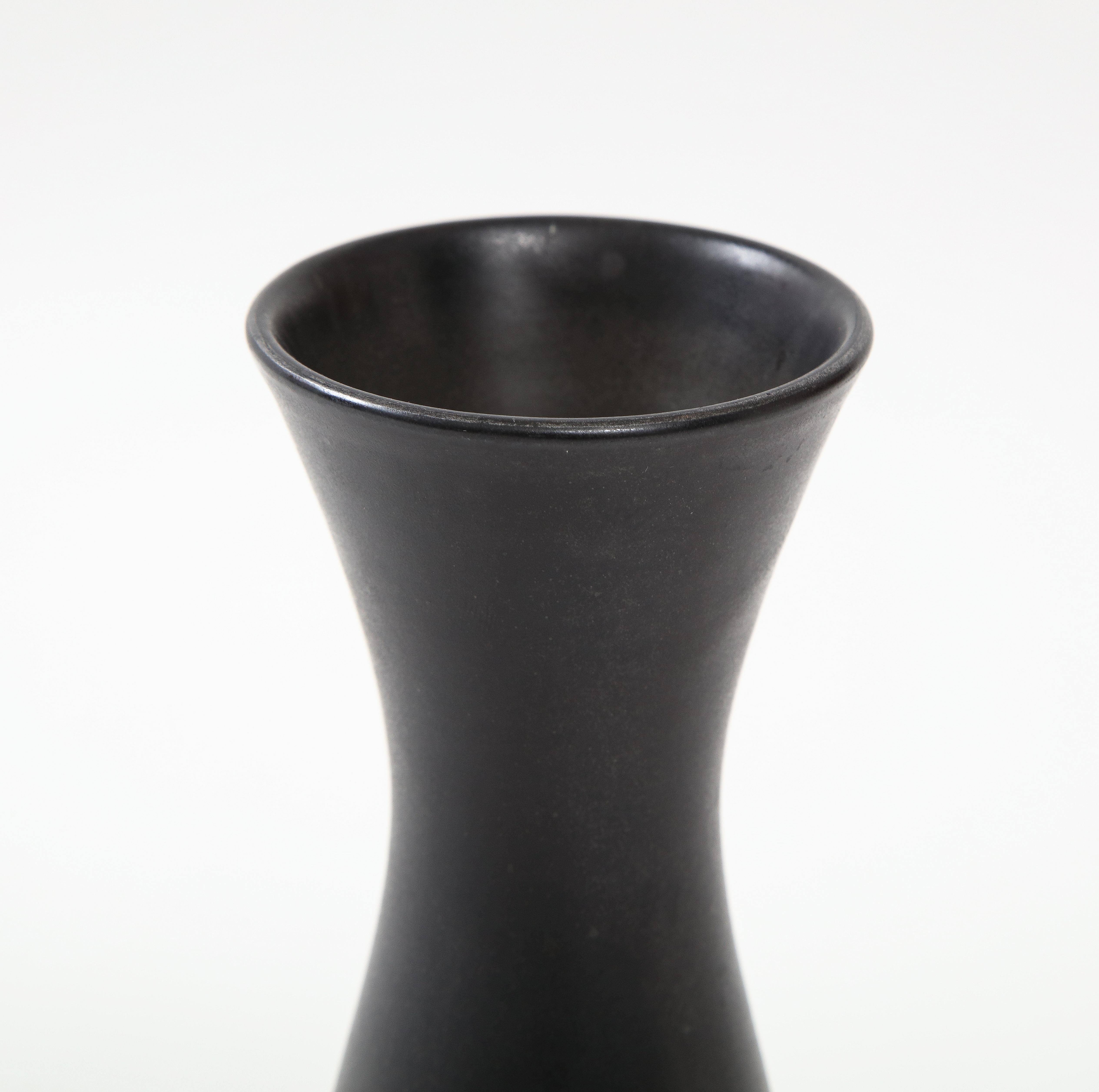 Mid-20th Century Pair of Modernist Ceramic Matte Black Vases, France, 1950's