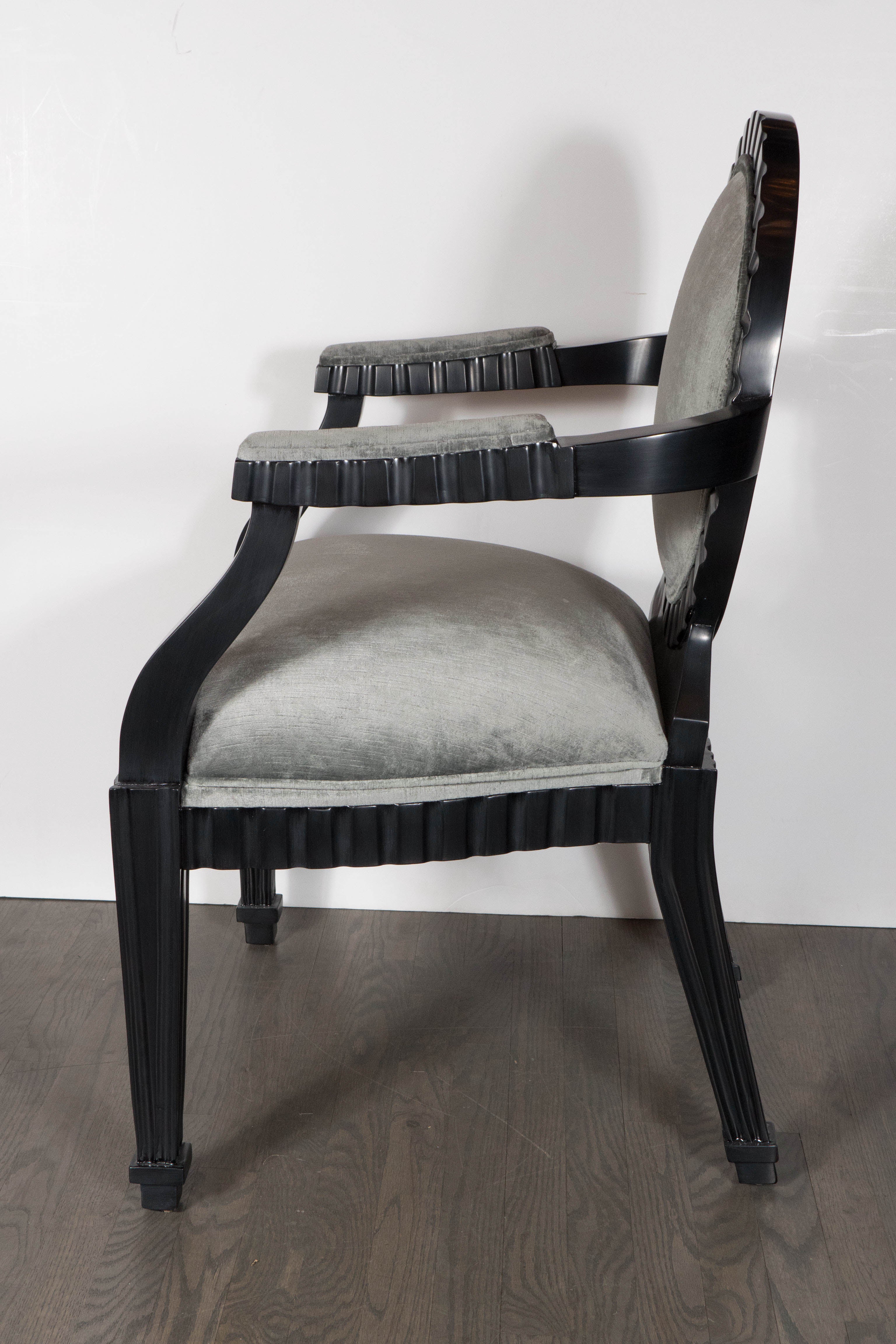 Late 20th Century Pair of Modernist Chairs by Donghia in Ebonized Walnut & Smoked Platinum Velvet