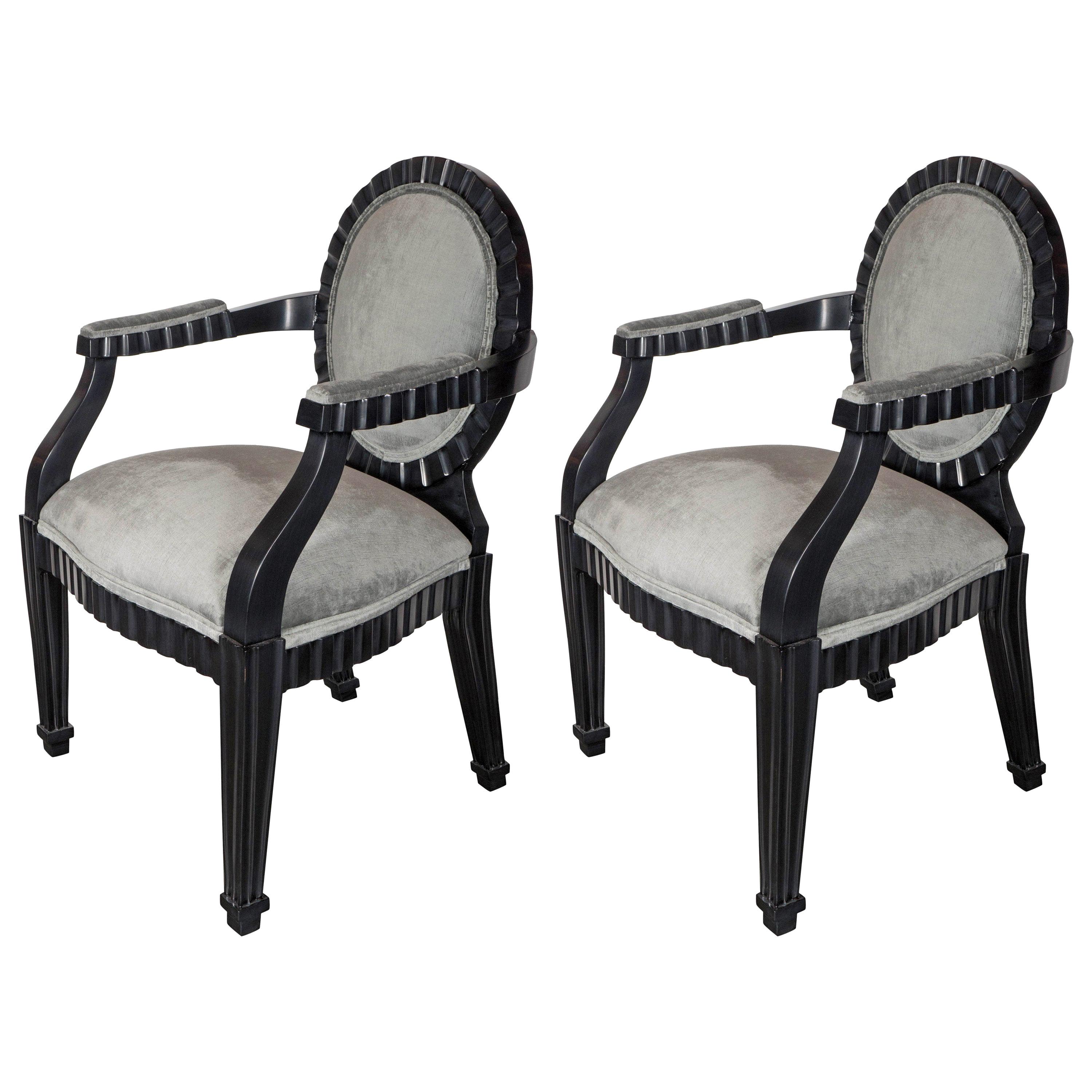 Pair of Modernist Chairs by Donghia in Ebonized Walnut & Smoked Platinum Velvet