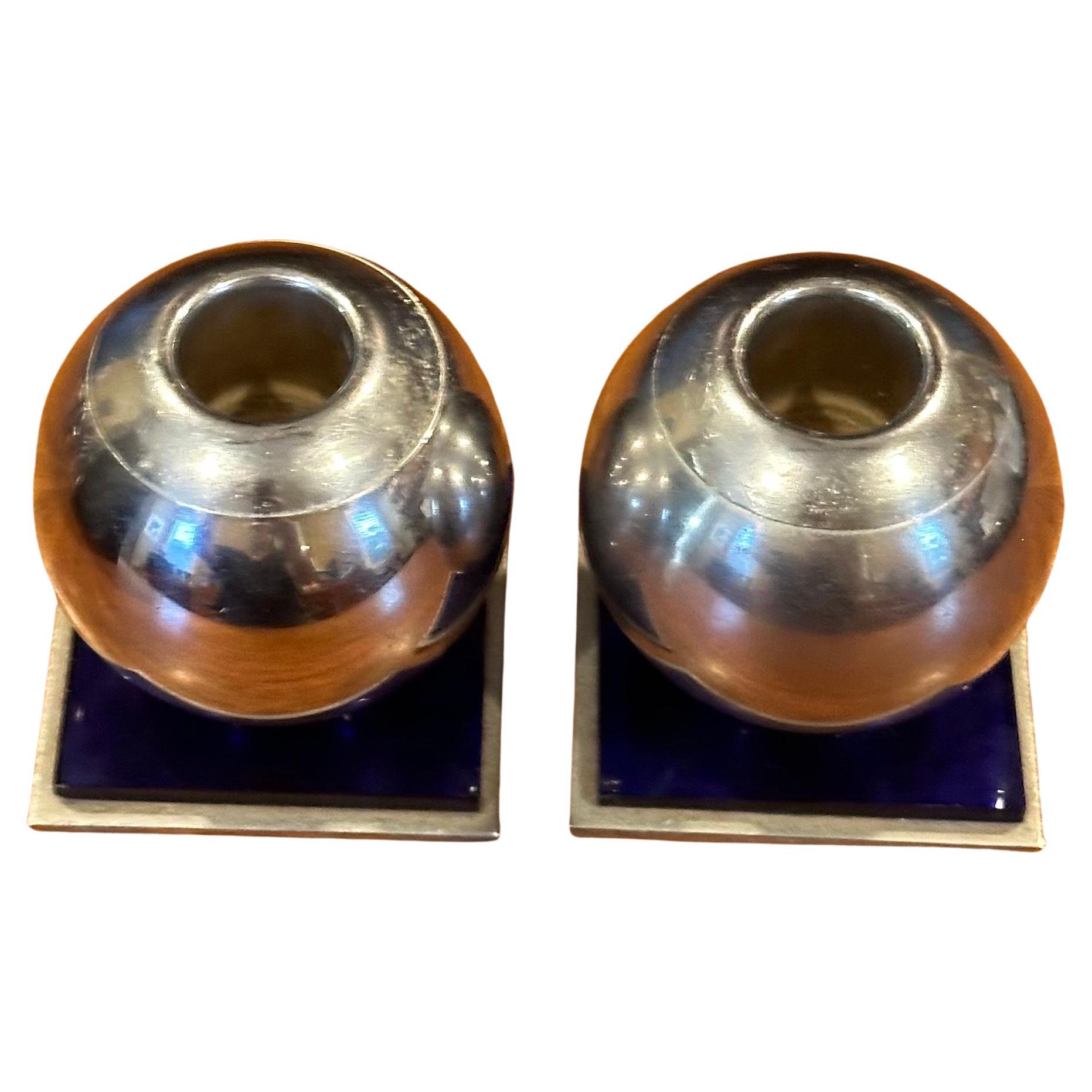 Pair of Modernist Chrome and Cobalt Candle Holders by Chase Co For Sale 6