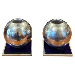 Pair of Modernist Chrome and Cobalt Candle Holders by Chase Co