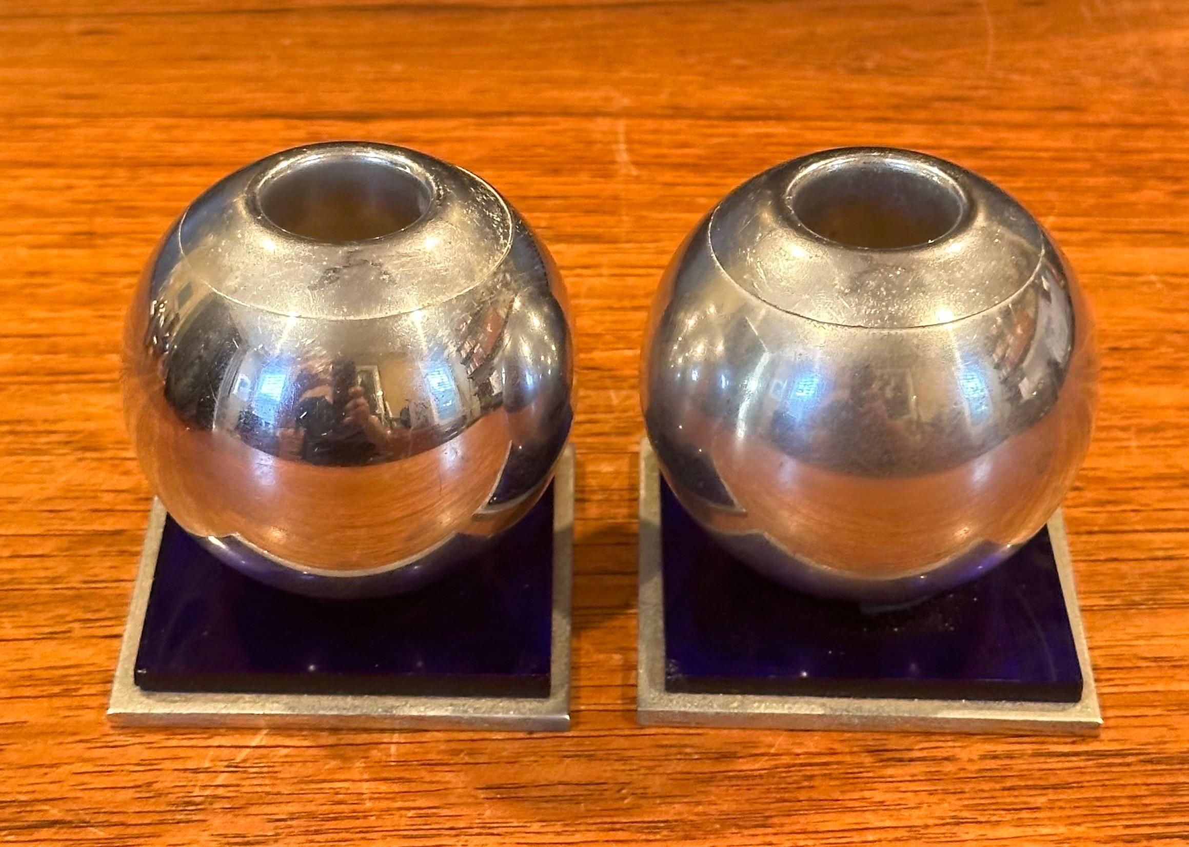 20th Century Pair of Modernist Chrome and Cobalt Candle Holders by Chase Co For Sale