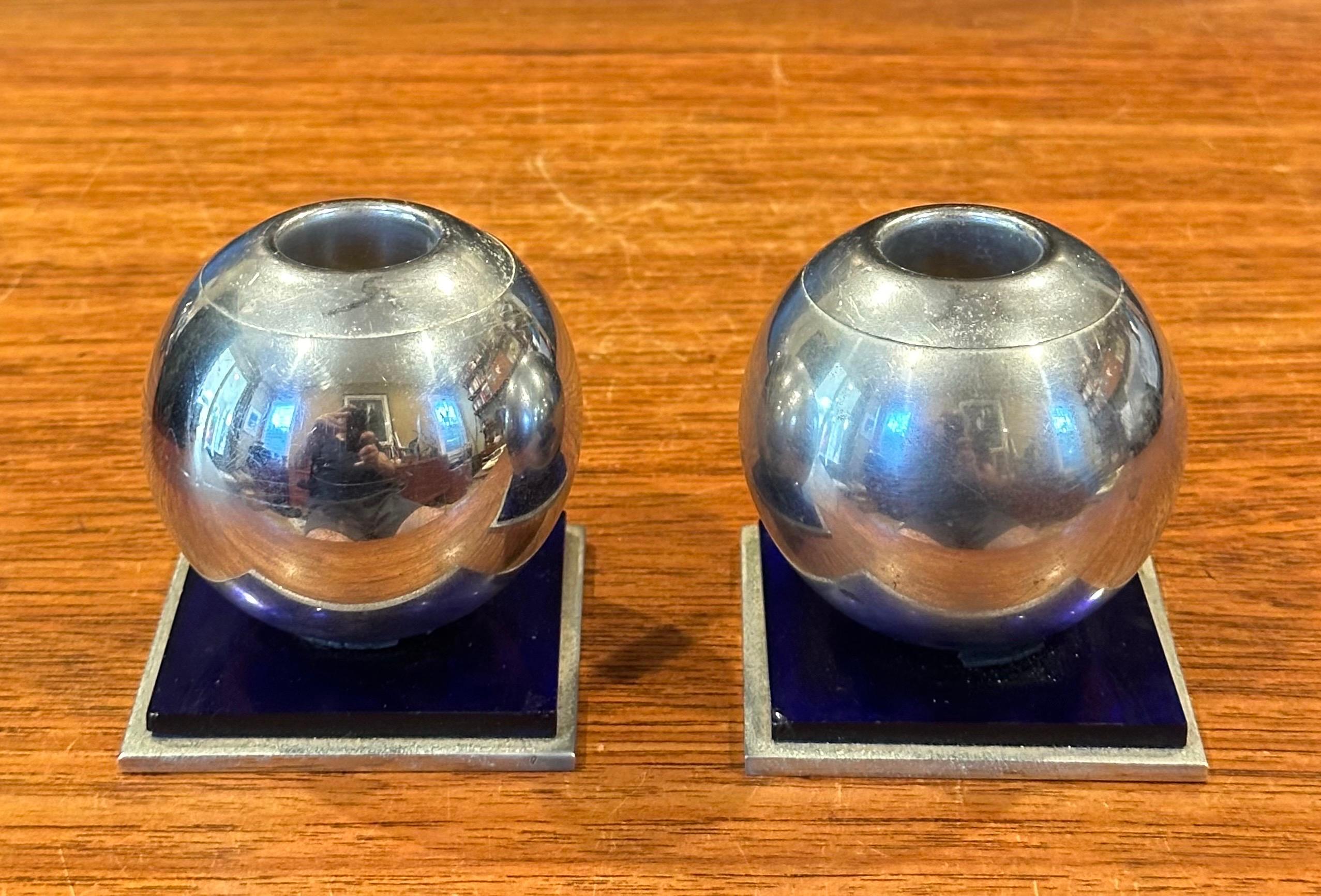 Pair of Modernist Chrome and Cobalt Candle Holders by Chase Co For Sale 1