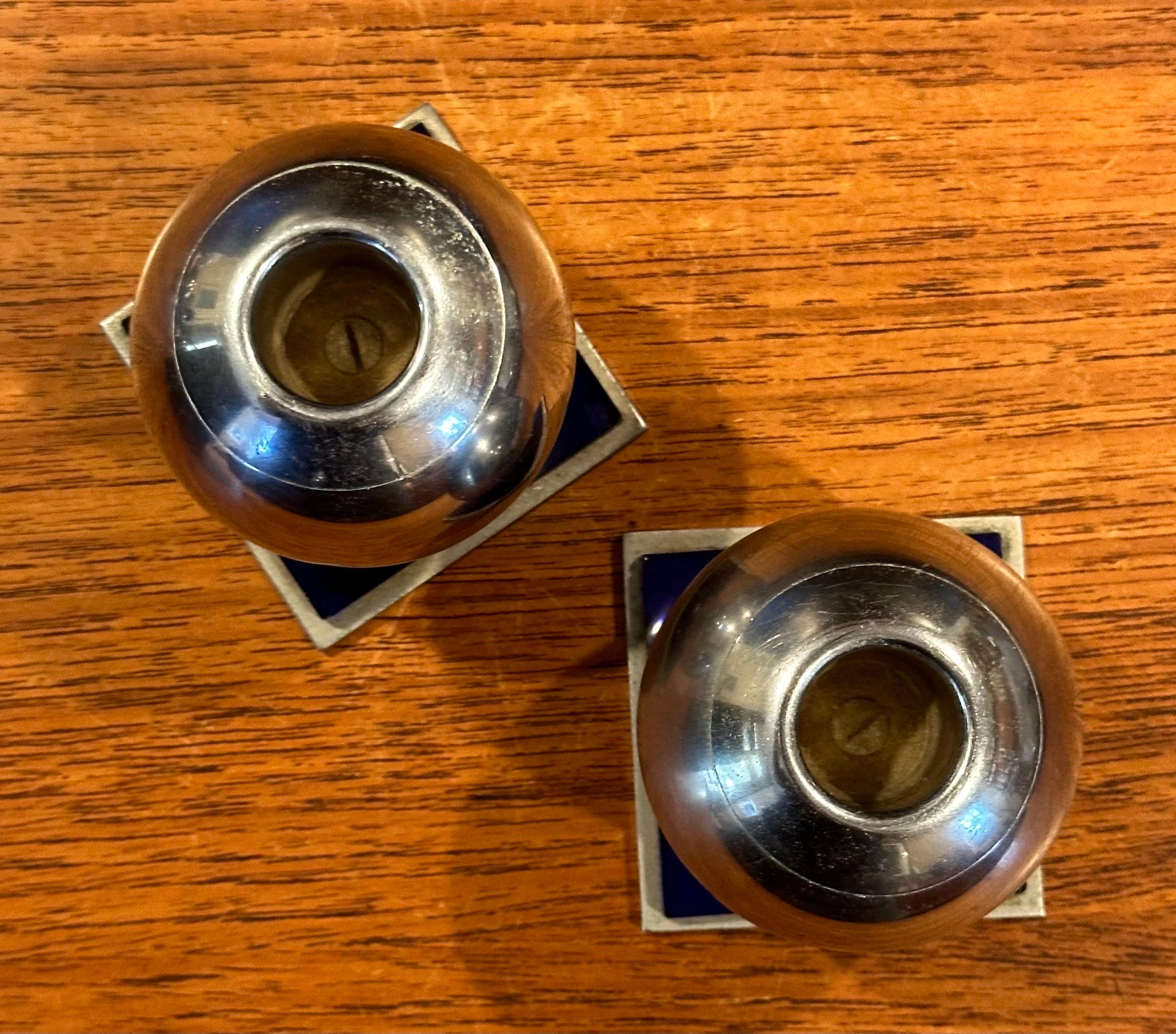 Pair of Modernist Chrome and Cobalt Candle Holders by Chase Co For Sale 3