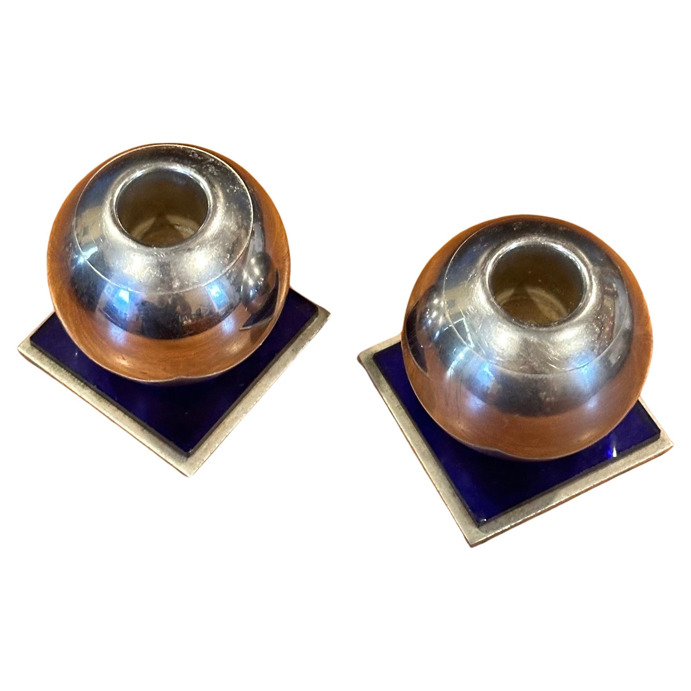 Pair of Modernist Chrome and Cobalt Candle Holders by Chase Co