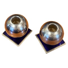 Pair of Modernist Chrome and Cobalt Candle Holders by Chase Co