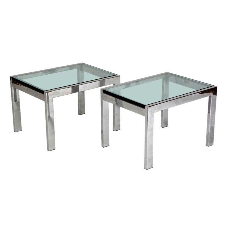 Pair of Modernist Chrome and Thick Glass Side Tables at 1stDibs glass