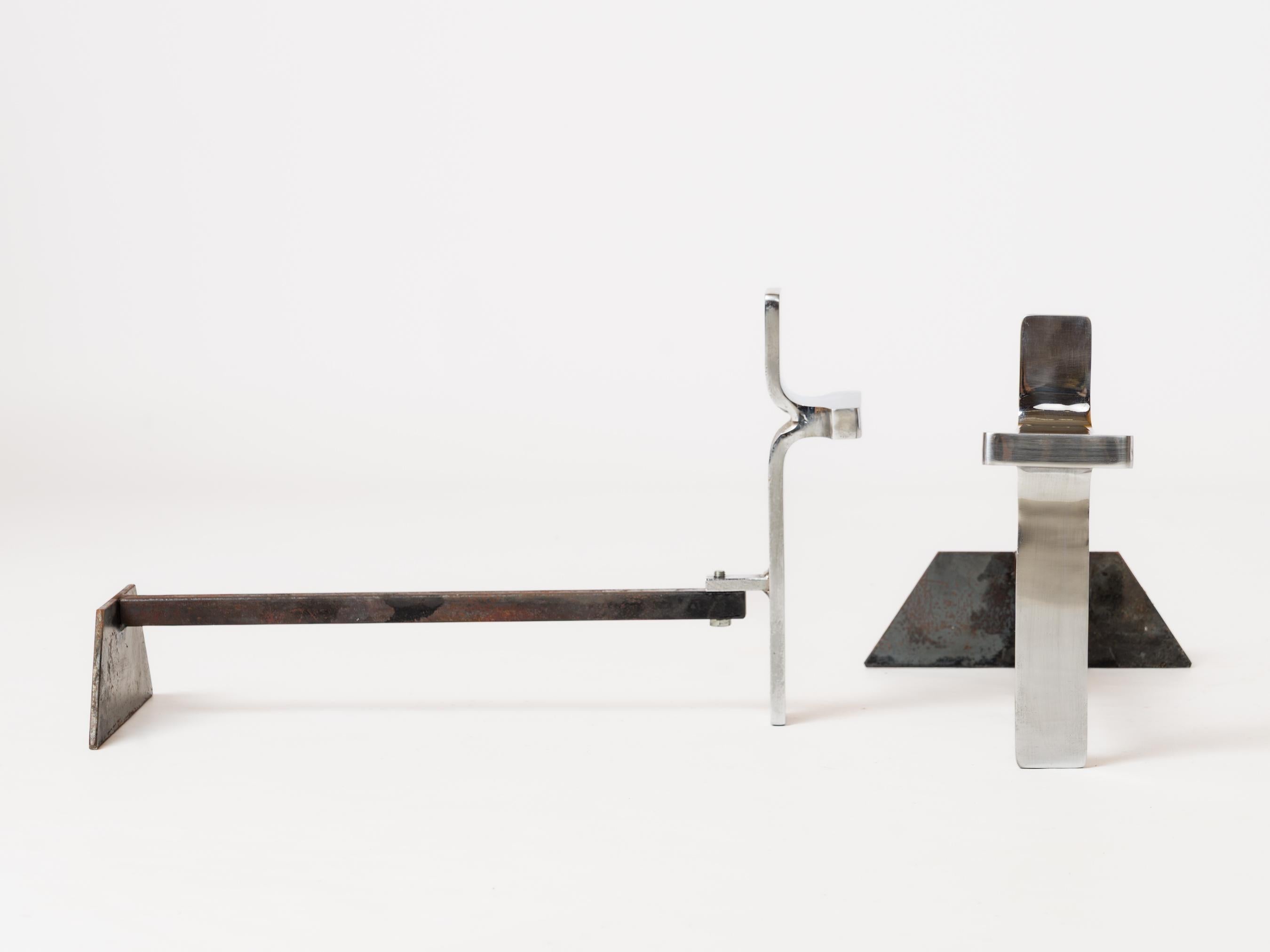 French Pair of Modernist Chrome Andirons - Jean-Charles Créations - France 1970s For Sale