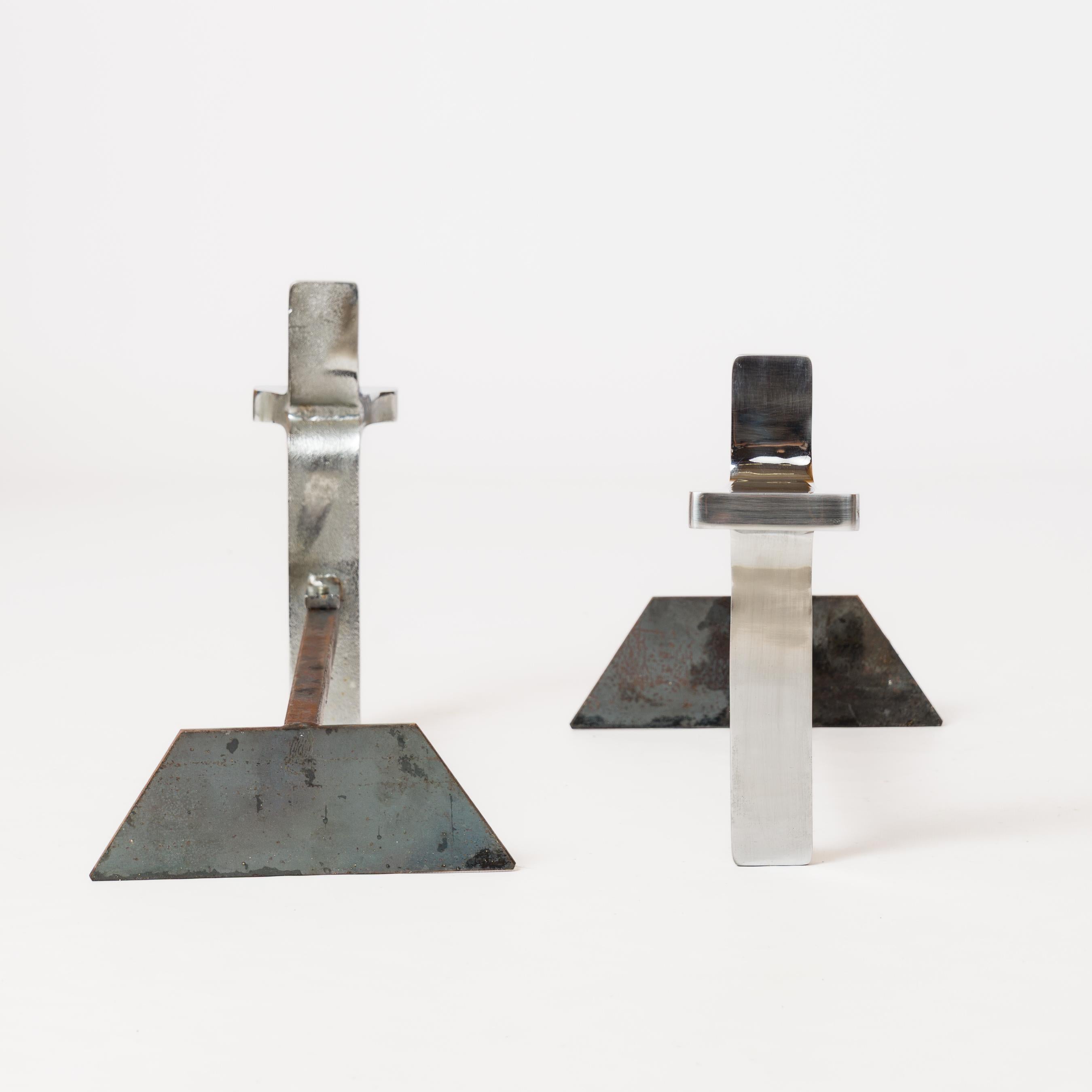 Pair of Modernist Chrome Andirons - Jean-Charles Créations - France 1970s In Good Condition For Sale In New York, NY