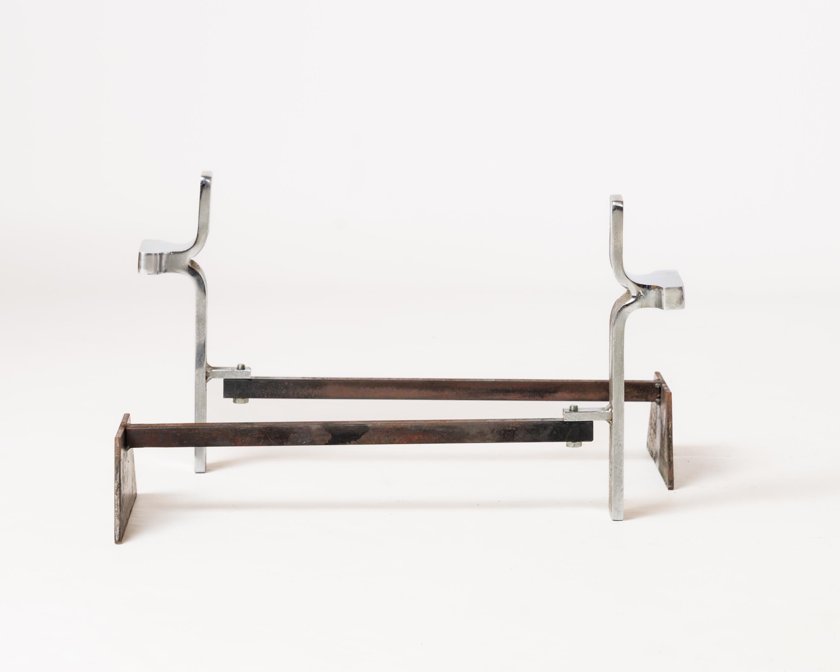 Late 20th Century Pair of Modernist Chrome Andirons - Jean-Charles Créations - France 1970s For Sale
