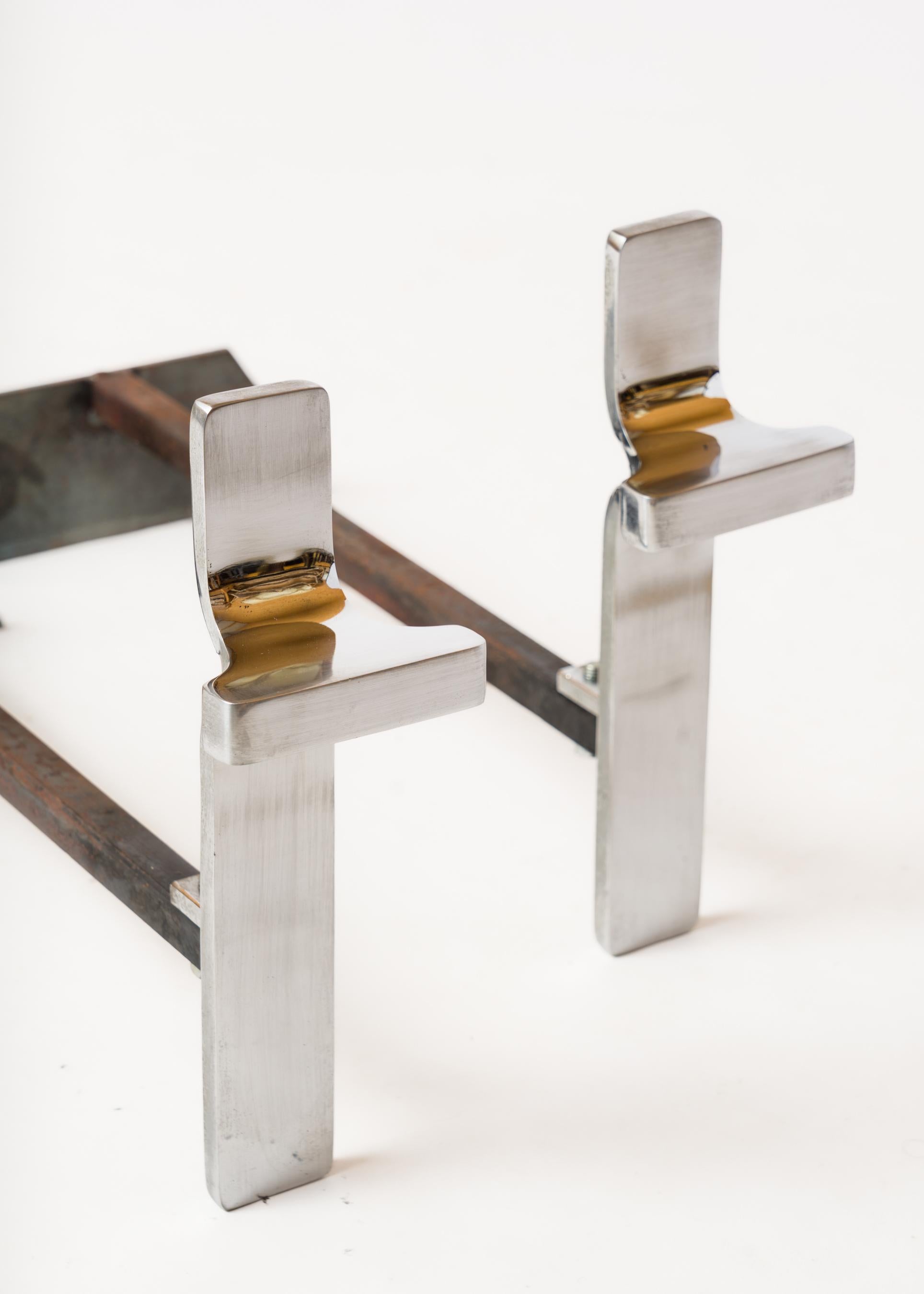 Pair of Modernist Chrome Andirons - Jean-Charles Créations - France 1970s For Sale 1