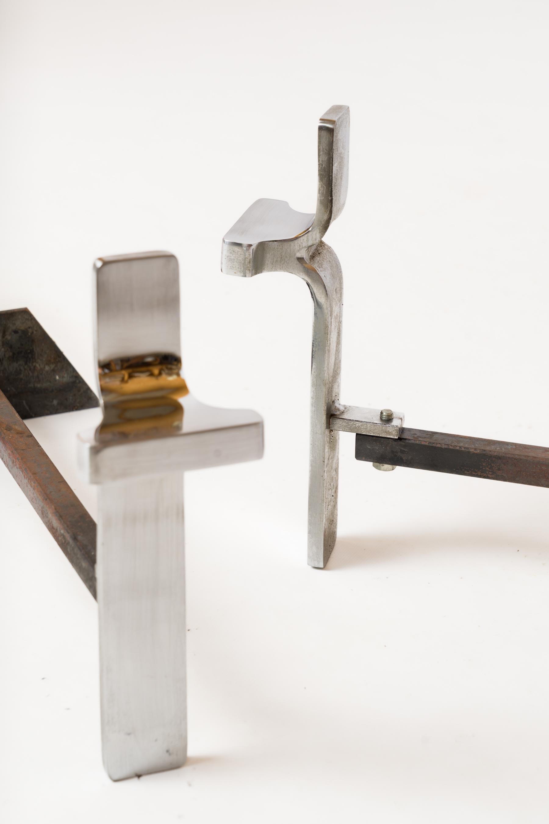 Pair of Modernist Chrome Andirons - Jean-Charles Créations - France 1970s For Sale 2