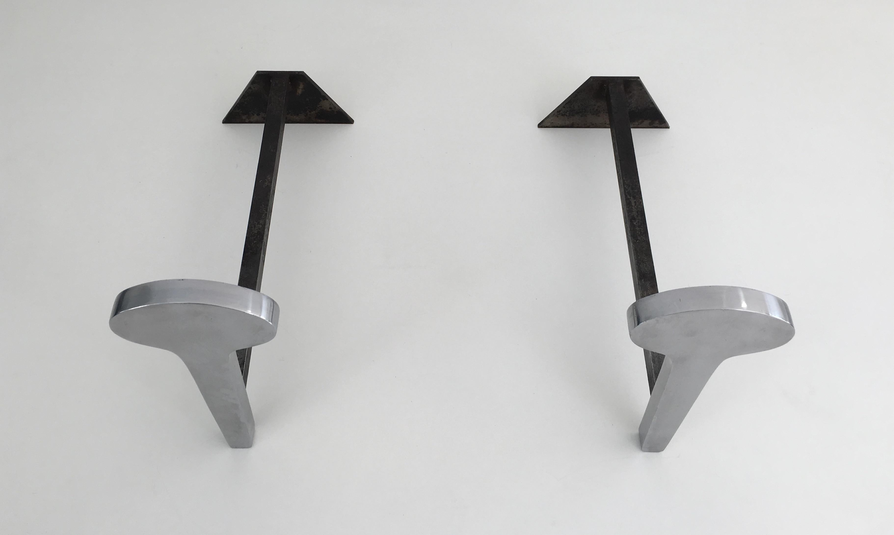 Pair of Modernist Chromed Steel and Iron Andirons, French, circa 1970 For Sale 14