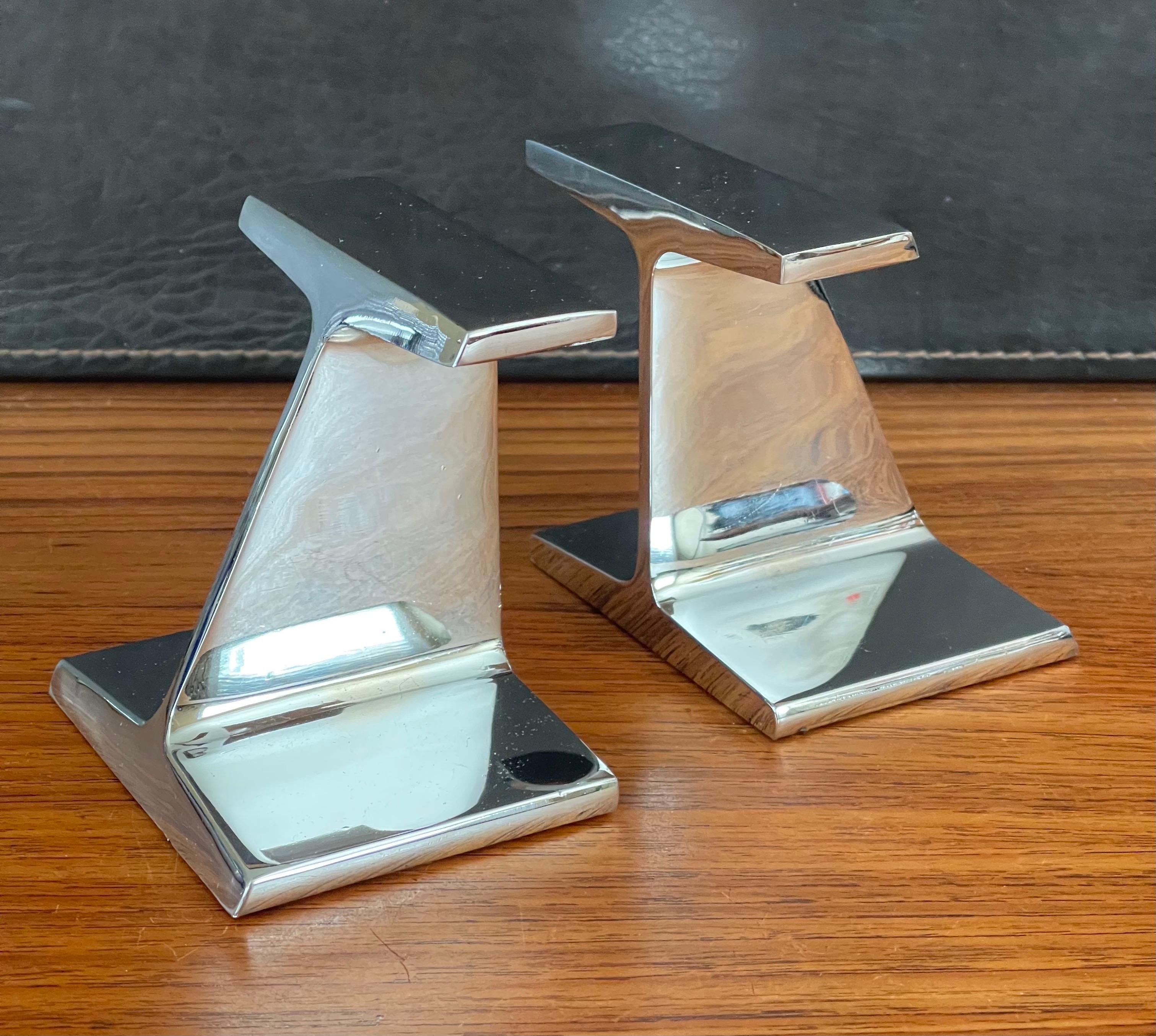 American Pair of Modernist Chromed Steel I-Beam Bookends by Bill Curry for Design Line