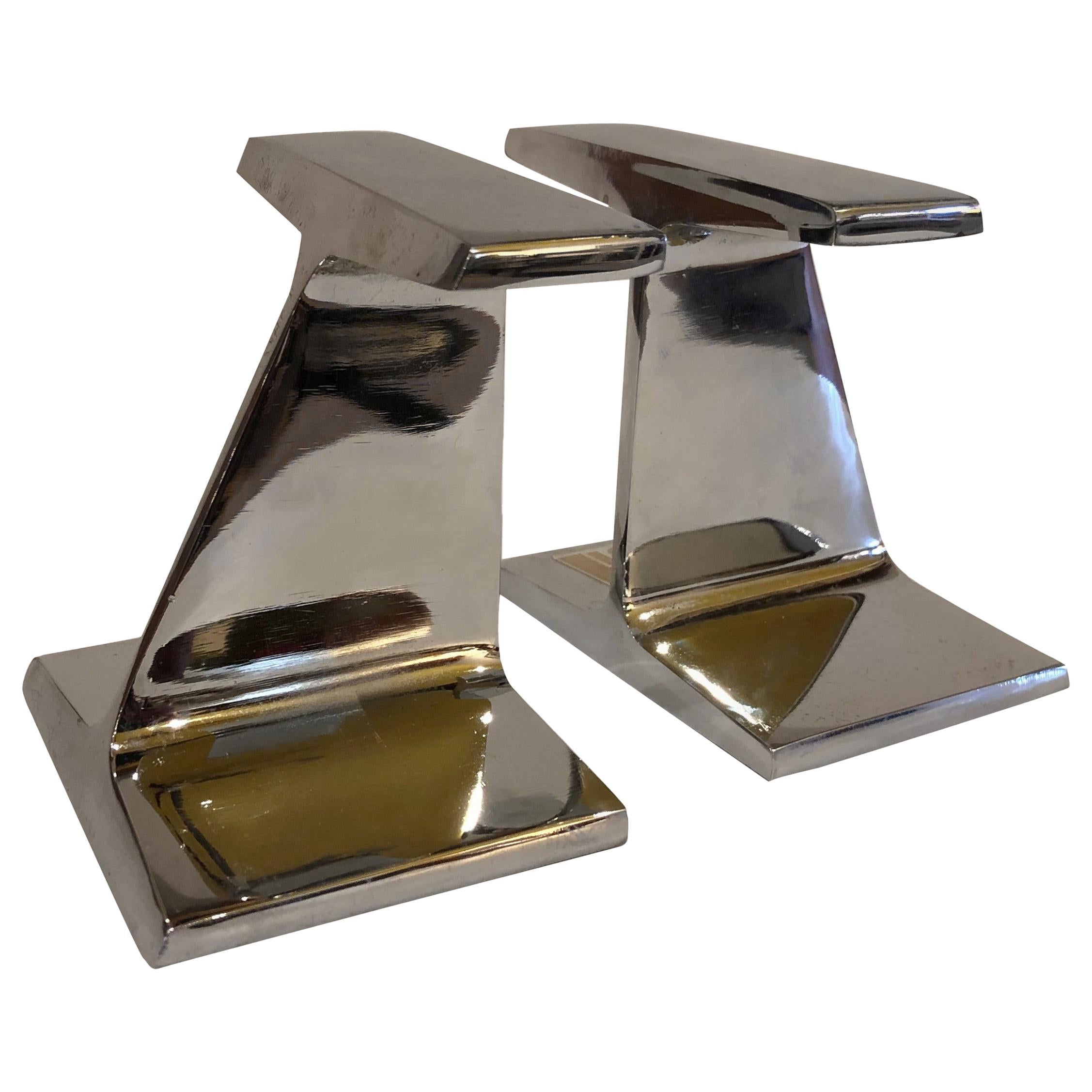 Pair of Modernist Chromed Steel I-Beam Bookends by Bill Curry for Design Line