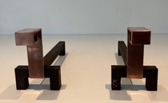 Pair of Modernist Copper and Wrought Iron Andirons