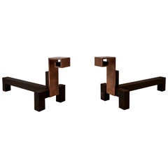 Pair of Modernist Copper and Wrought Iron Andirons