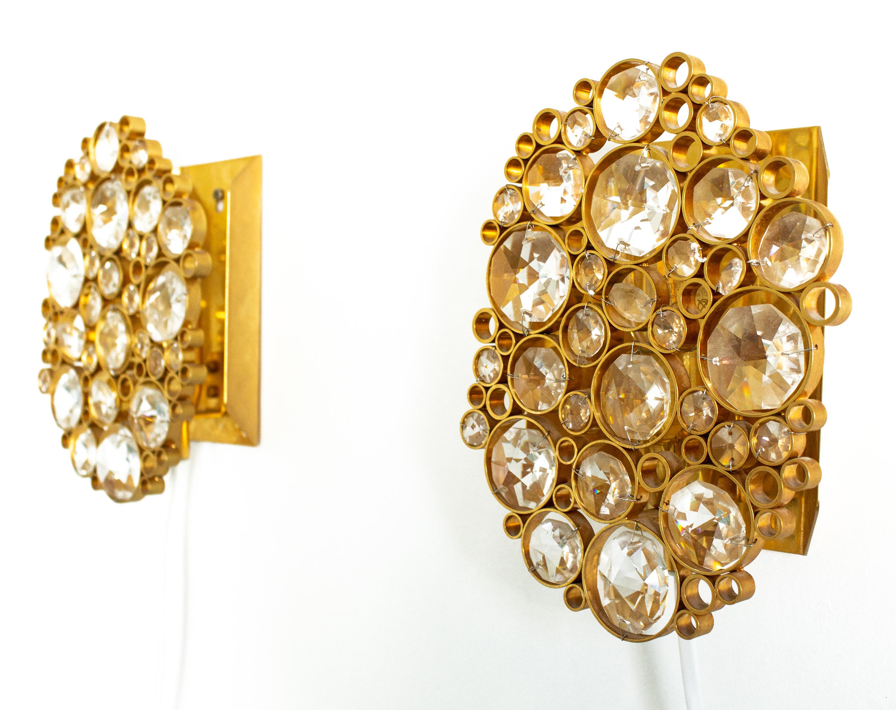 German Pair of Modernist Crystal Wall Scones by Palwa in Gilded Brass For Sale