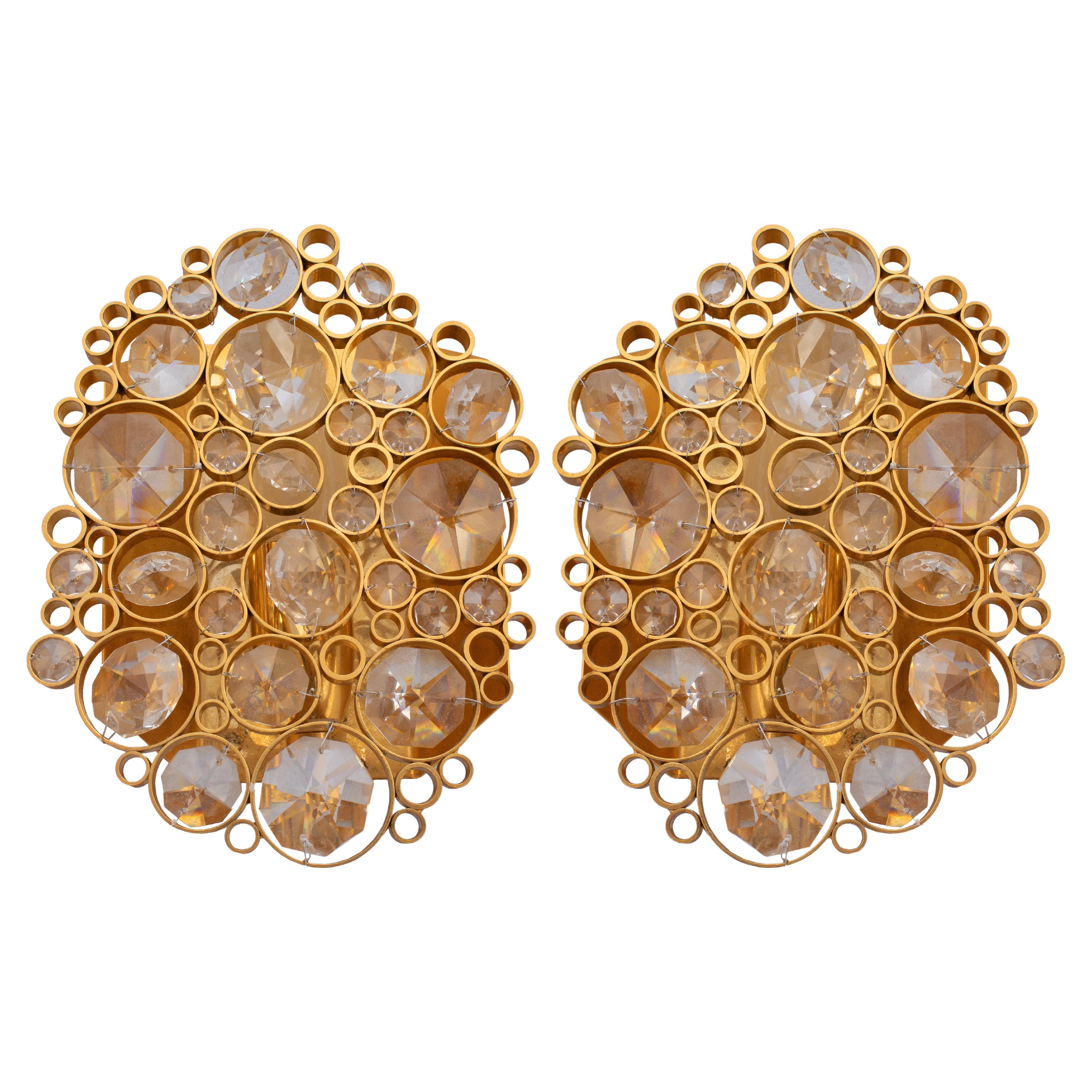 Pair of Modernist Crystal Wall Scones by Palwa in Gilded Brass