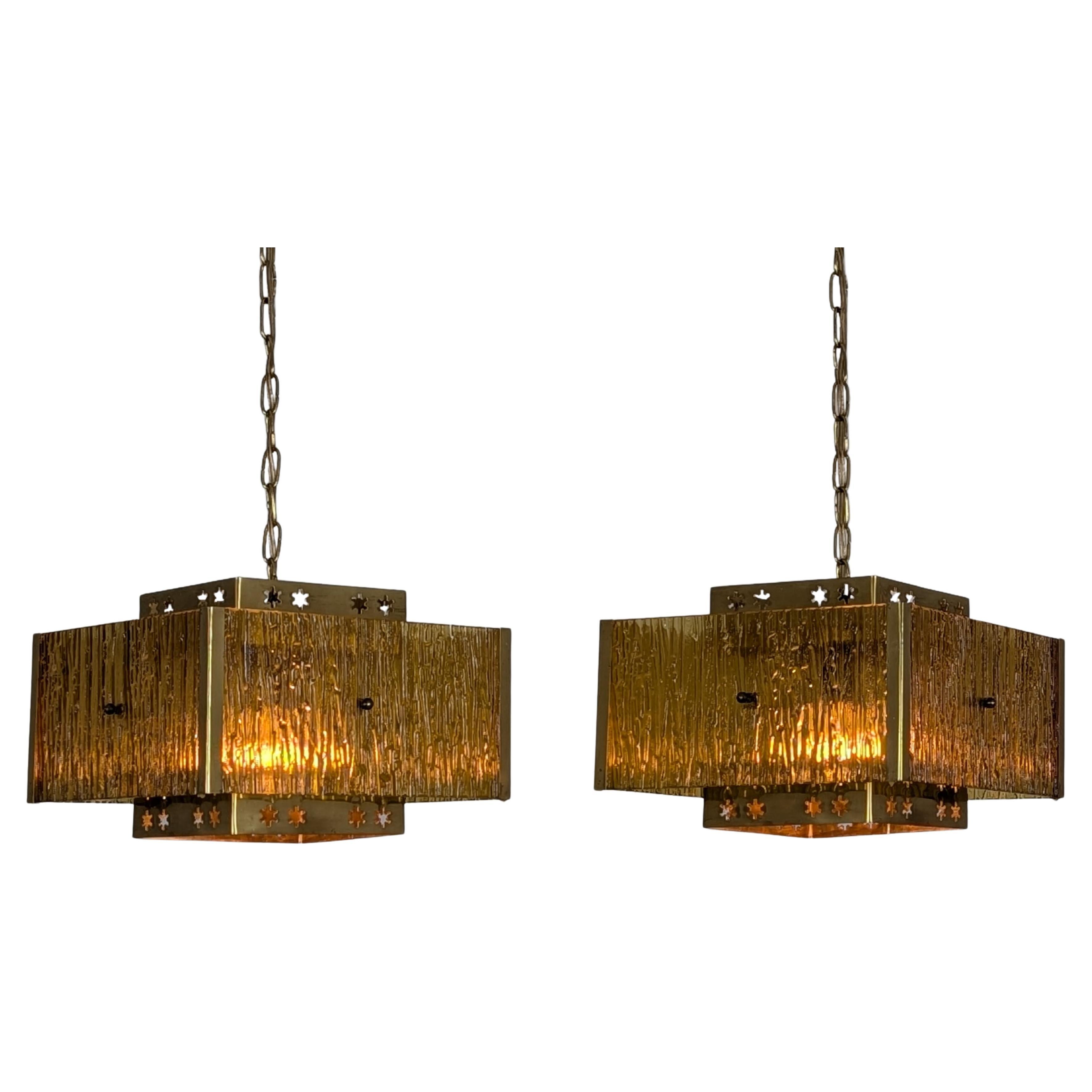 Pair of Modernist Cubic Pendants in Brass and Colour Glass, S. Liikkanen, 1970s
