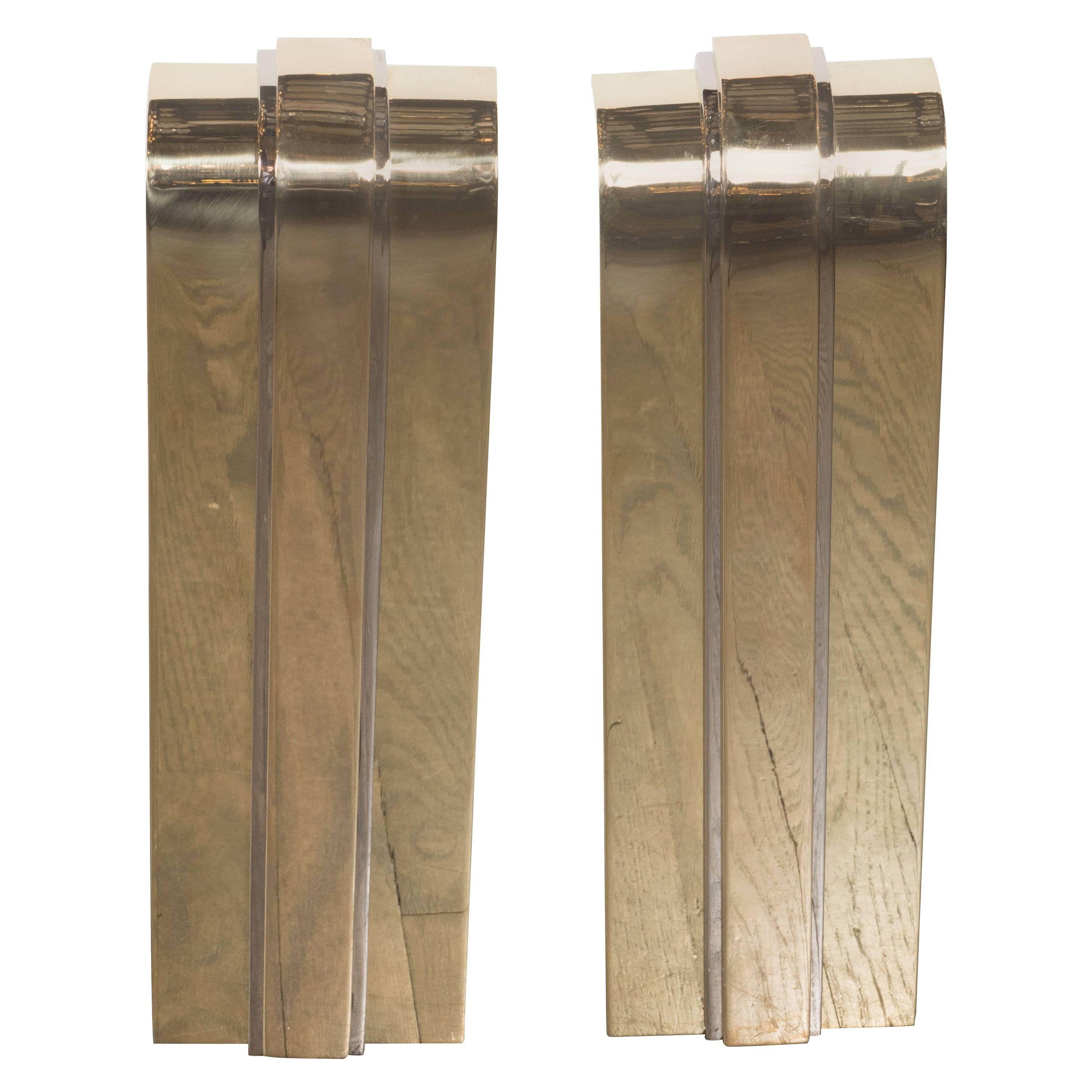 Pair of Modernist Curved Nickel and Brass Andirons, Manner of Karl Springer For Sale