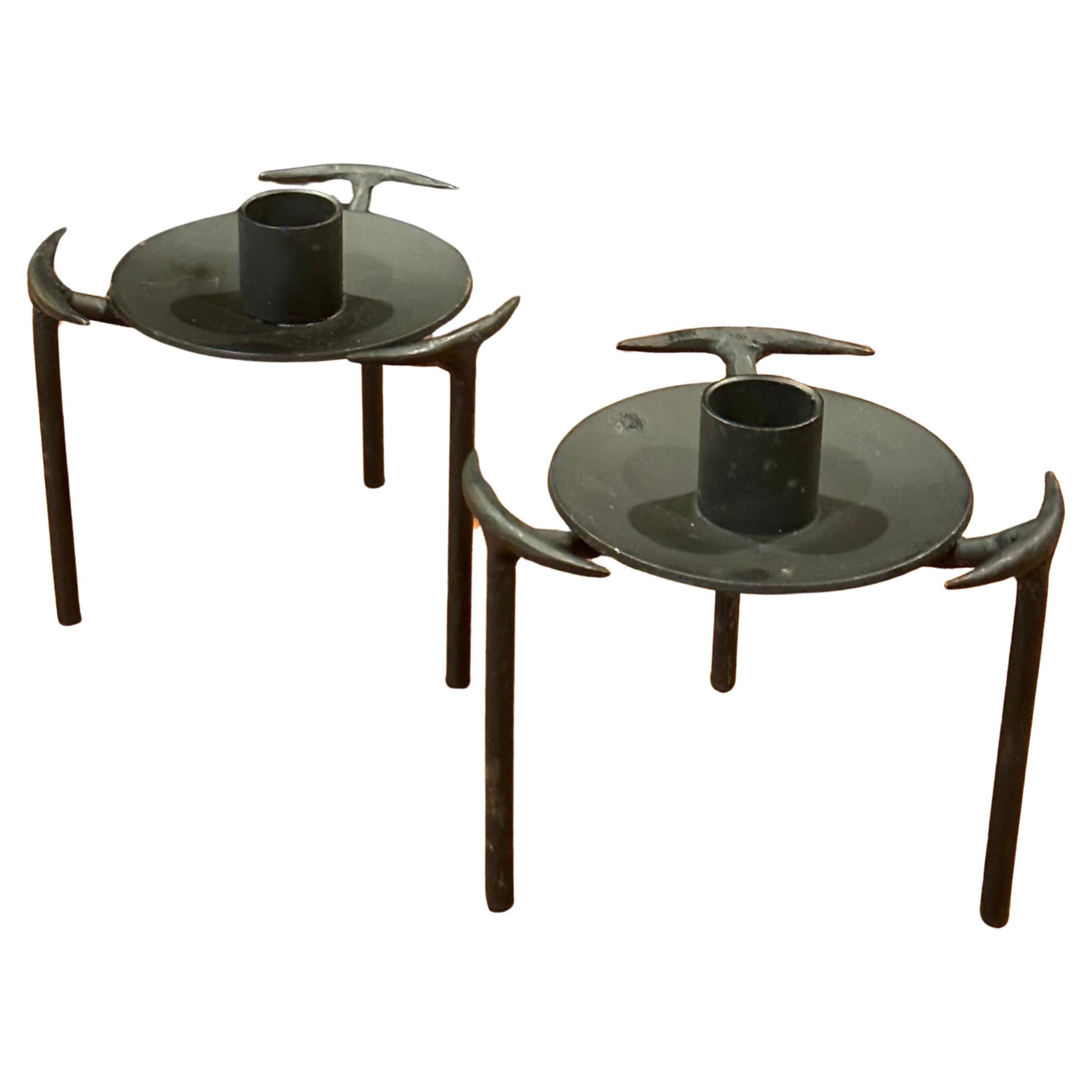 A nice pair of Modernist cut steel candle holders, circa 1970s.  The set is in very good vintage condition and measures 5