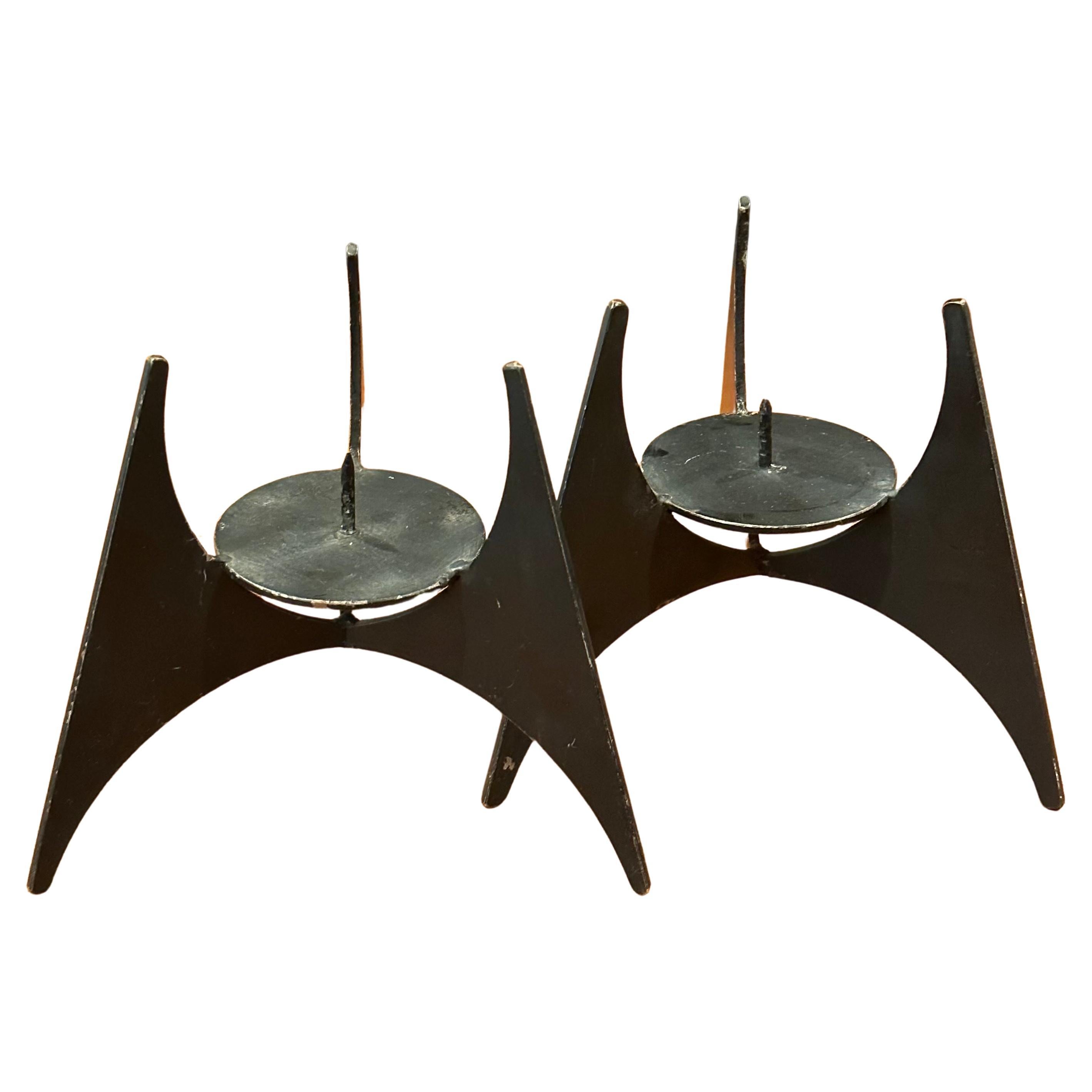 American Pair of Modernist Cut Steel Candle Holders For Sale