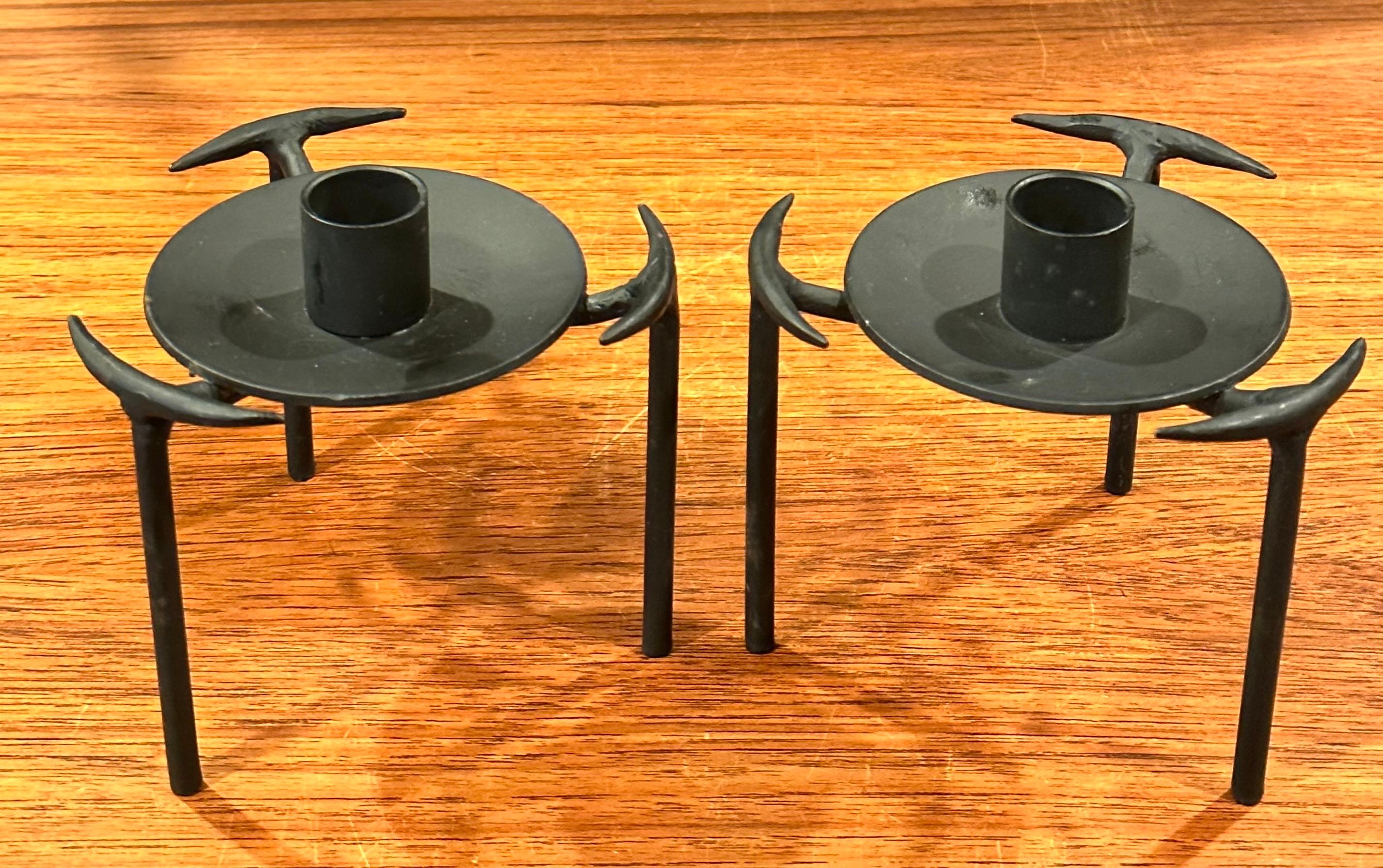 20th Century Pair of Modernist Cut Steel Candle Holders For Sale