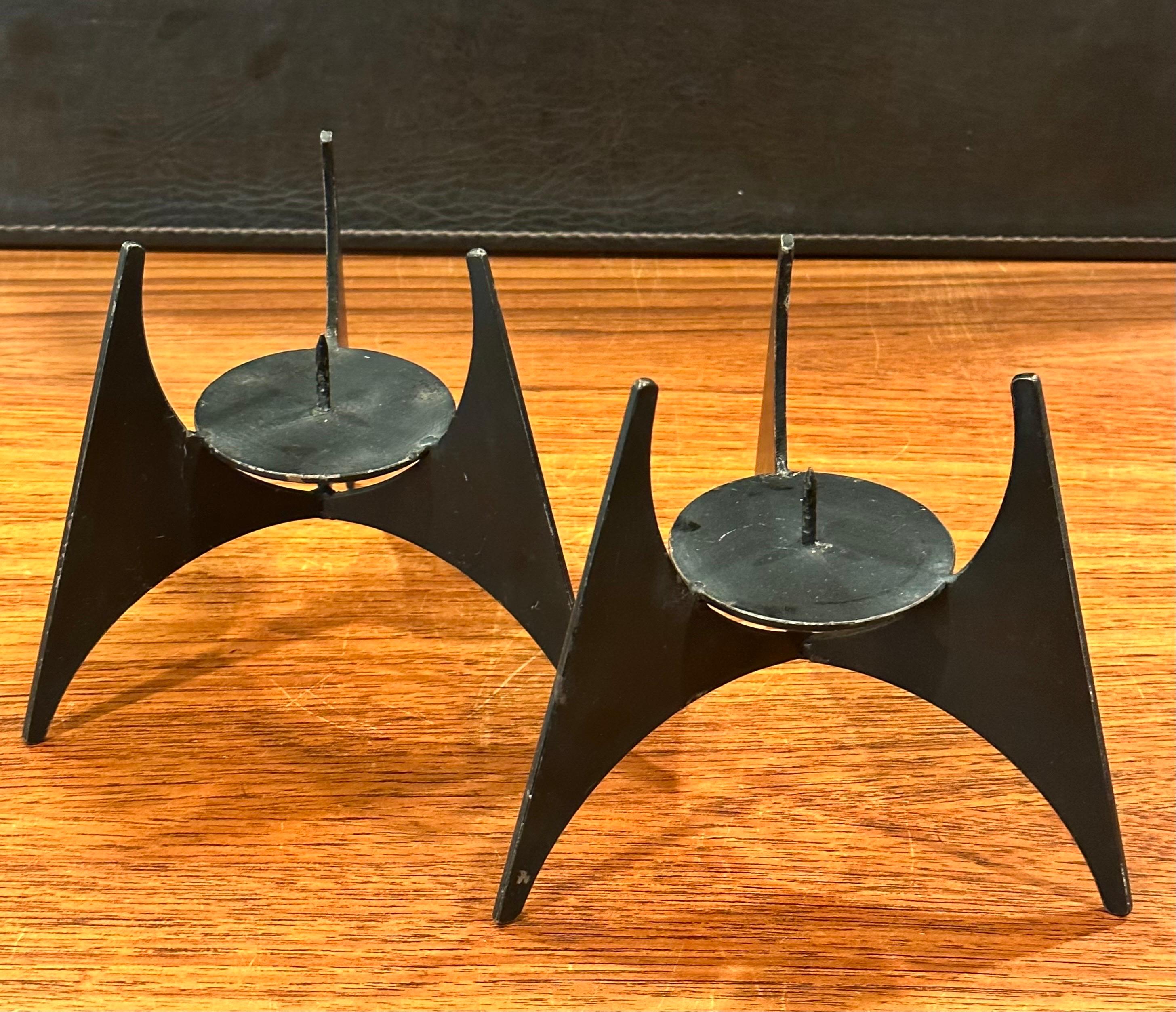 20th Century Pair of Modernist Cut Steel Candle Holders For Sale