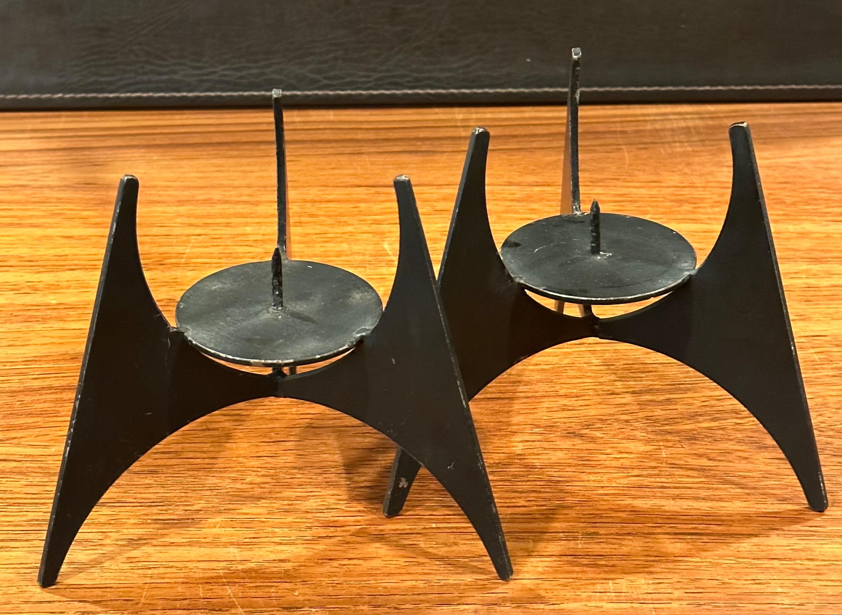Iron Pair of Modernist Cut Steel Candle Holders For Sale
