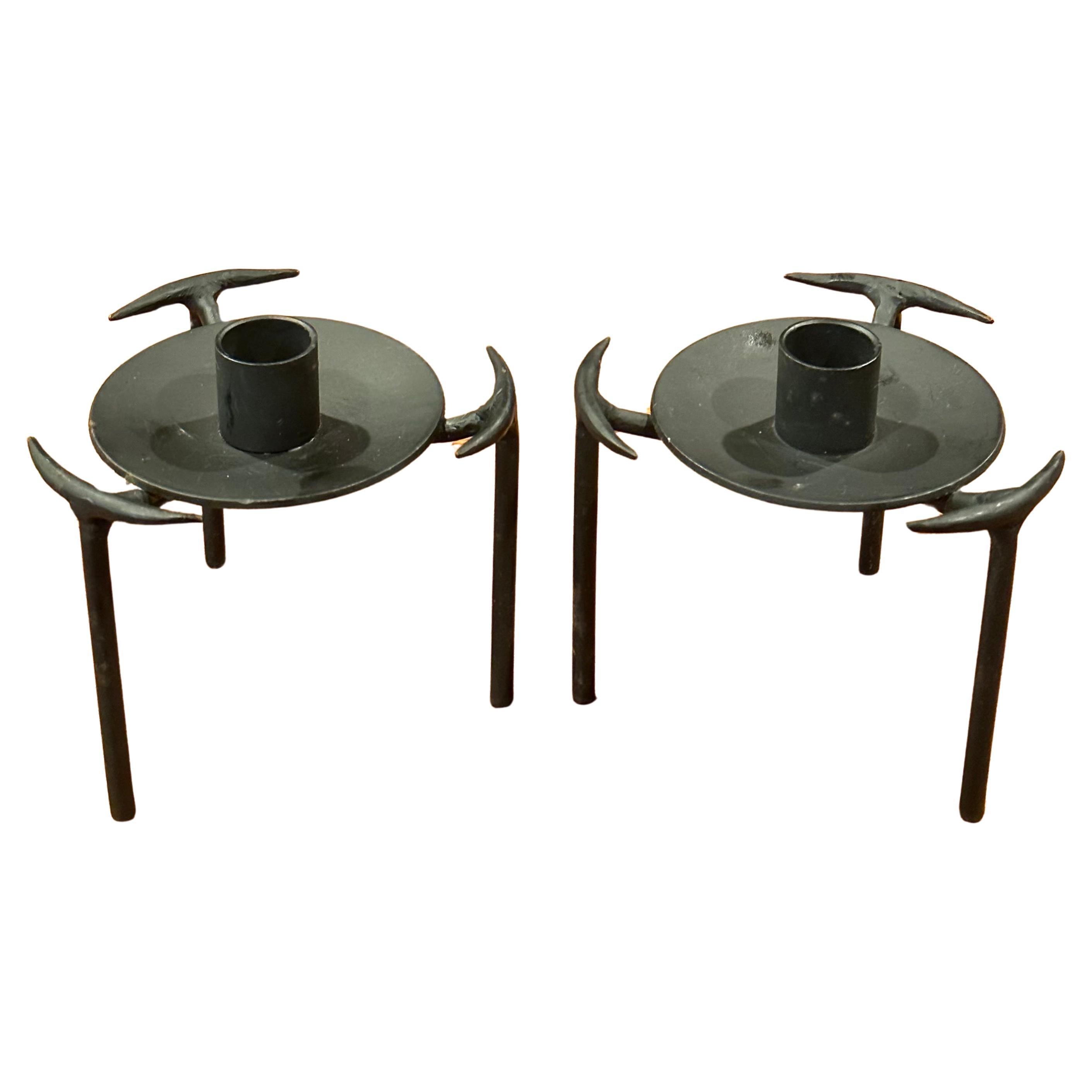 Pair of Modernist Cut Steel Candle Holders For Sale