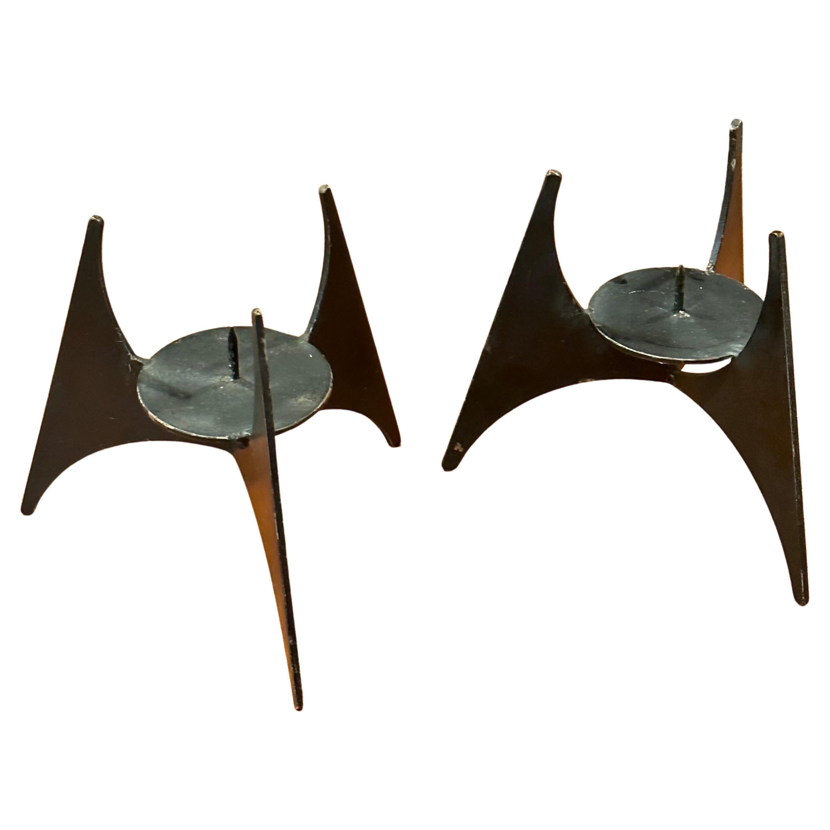 Pair of Modernist Cut Steel Candle Holders For Sale