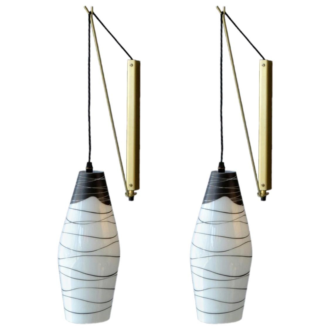 Pair of Modernist Czech Black and White Hand-Painted Glass Wall Lights For Sale