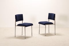 Pair of Modernist Dining Chairs in Chrome and Navy Blue Fabric, Circa 1970