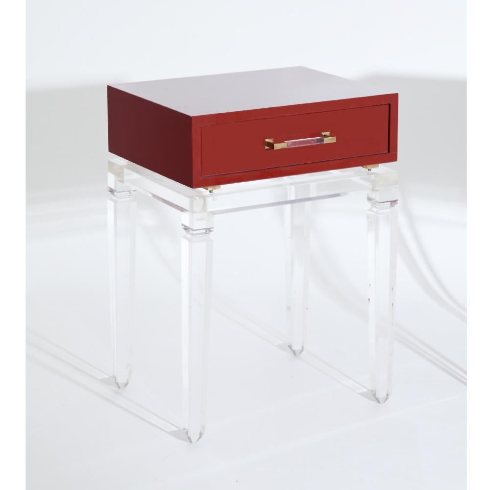 A pair of modernist end tables by Fabian.
Red lacquer, brass pulls and Lucite bases.
With original label: 