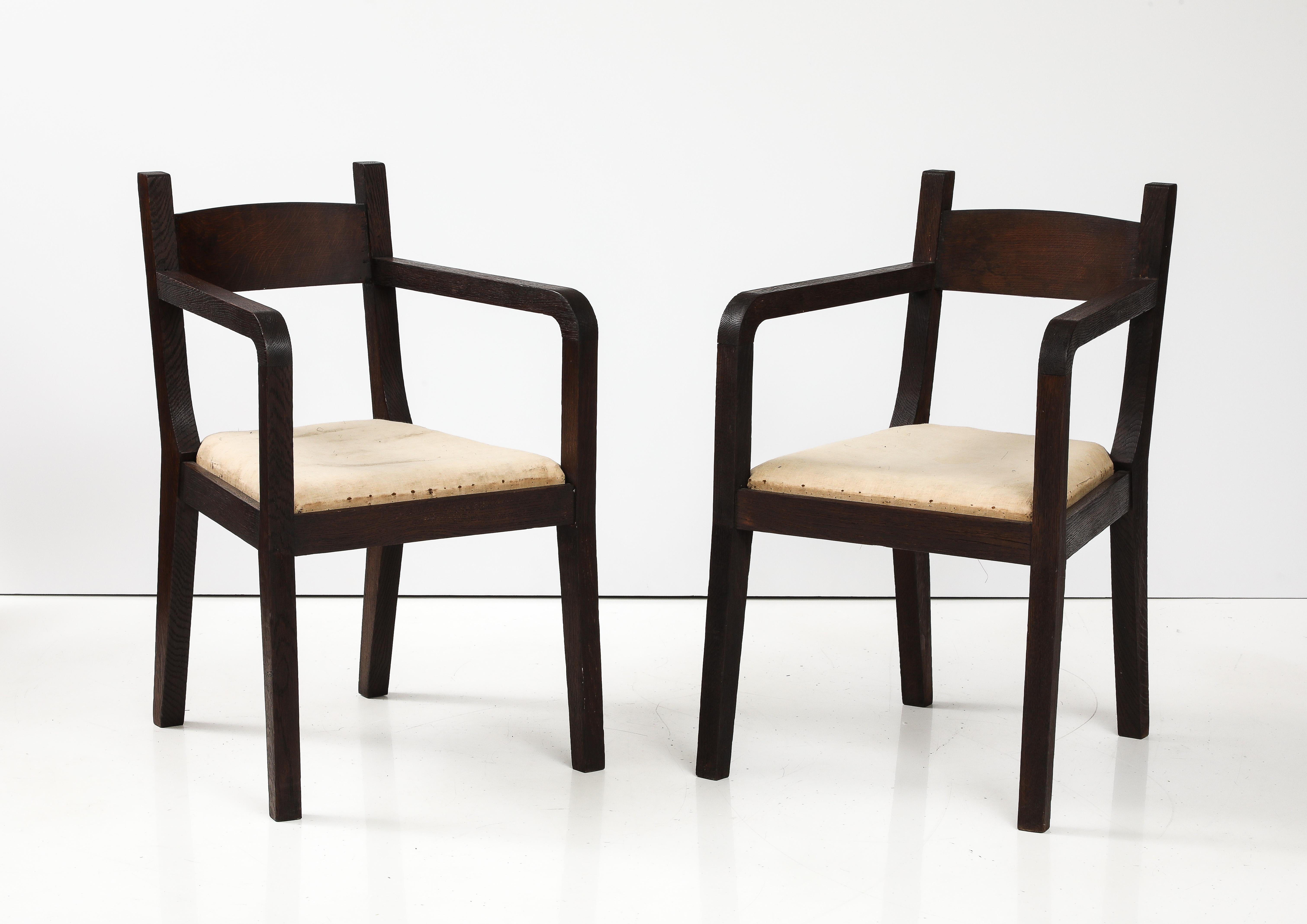 Early 20th Century Pair of Modernist Eyre de Lanux Armchairs in Brushed Oak, France, c. 1925