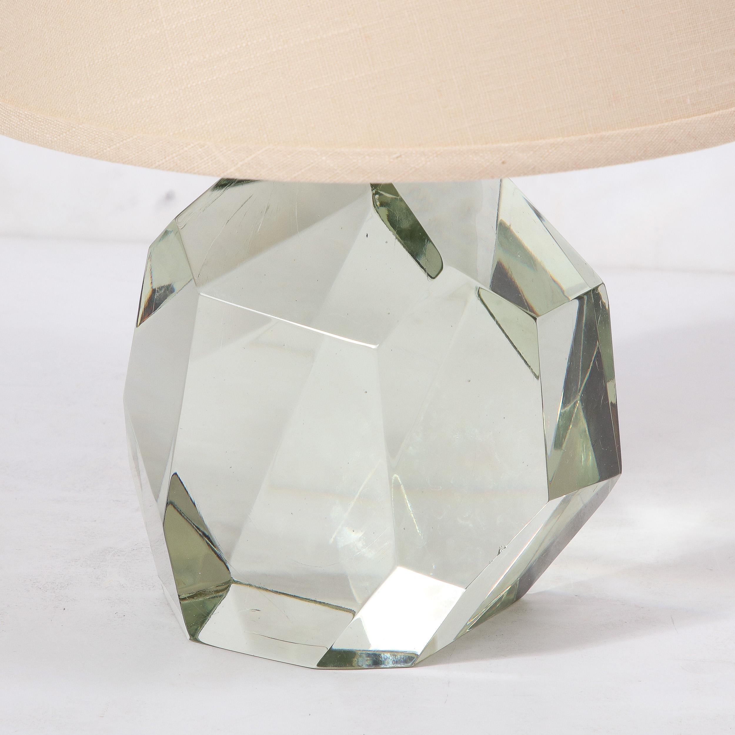 Pair of Modernist Faceted Hand-Blown Mineral Green Murano Glass Table Lamps For Sale 6