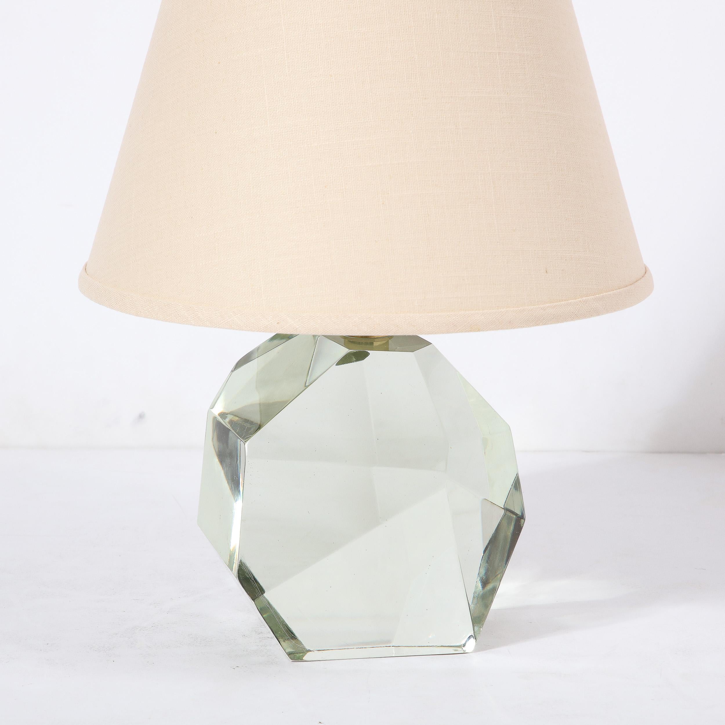 Pair of Modernist Faceted Hand-Blown Mineral Green Murano Glass Table Lamps For Sale 1