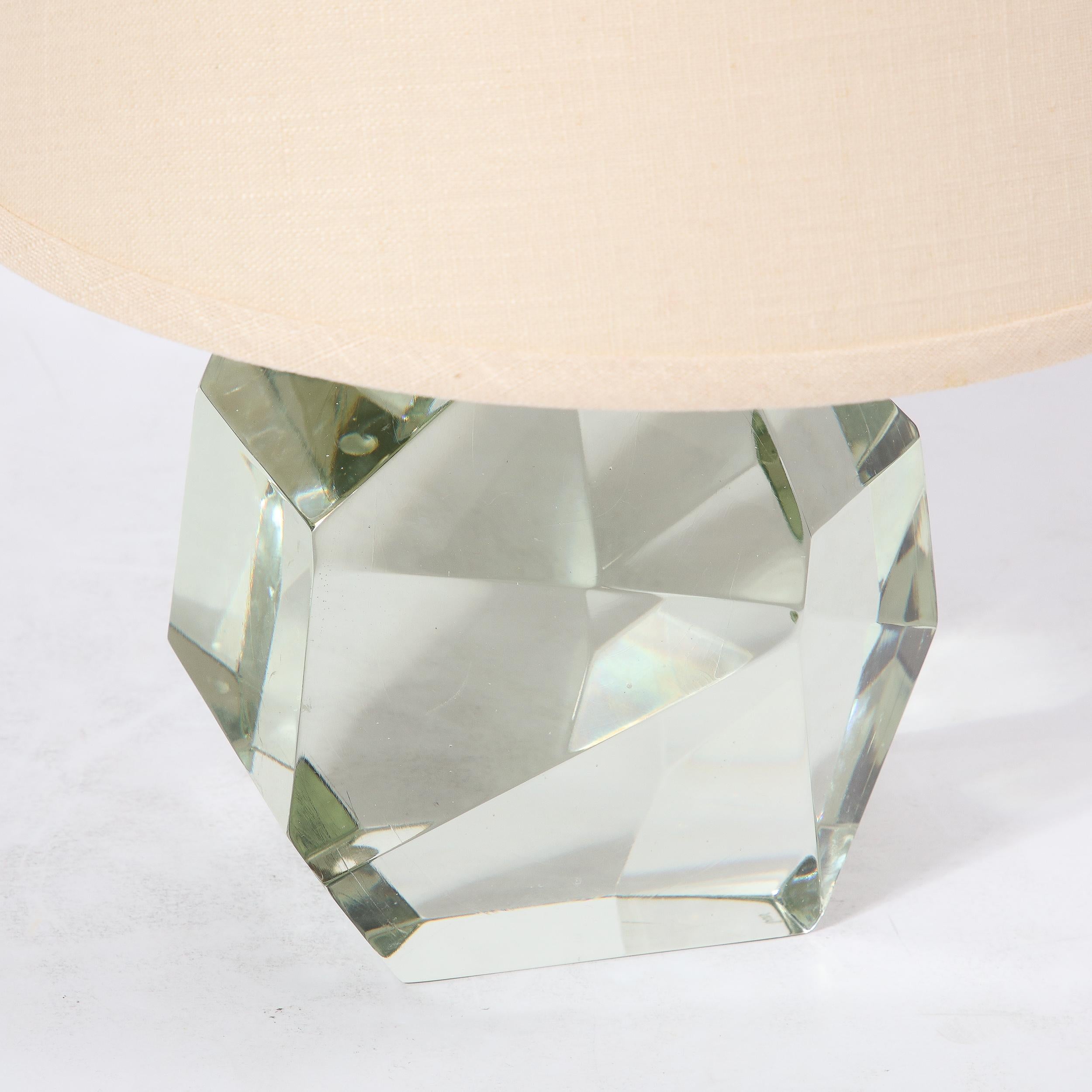 Pair of Modernist Faceted Hand-Blown Mineral Green Murano Glass Table Lamps For Sale 2