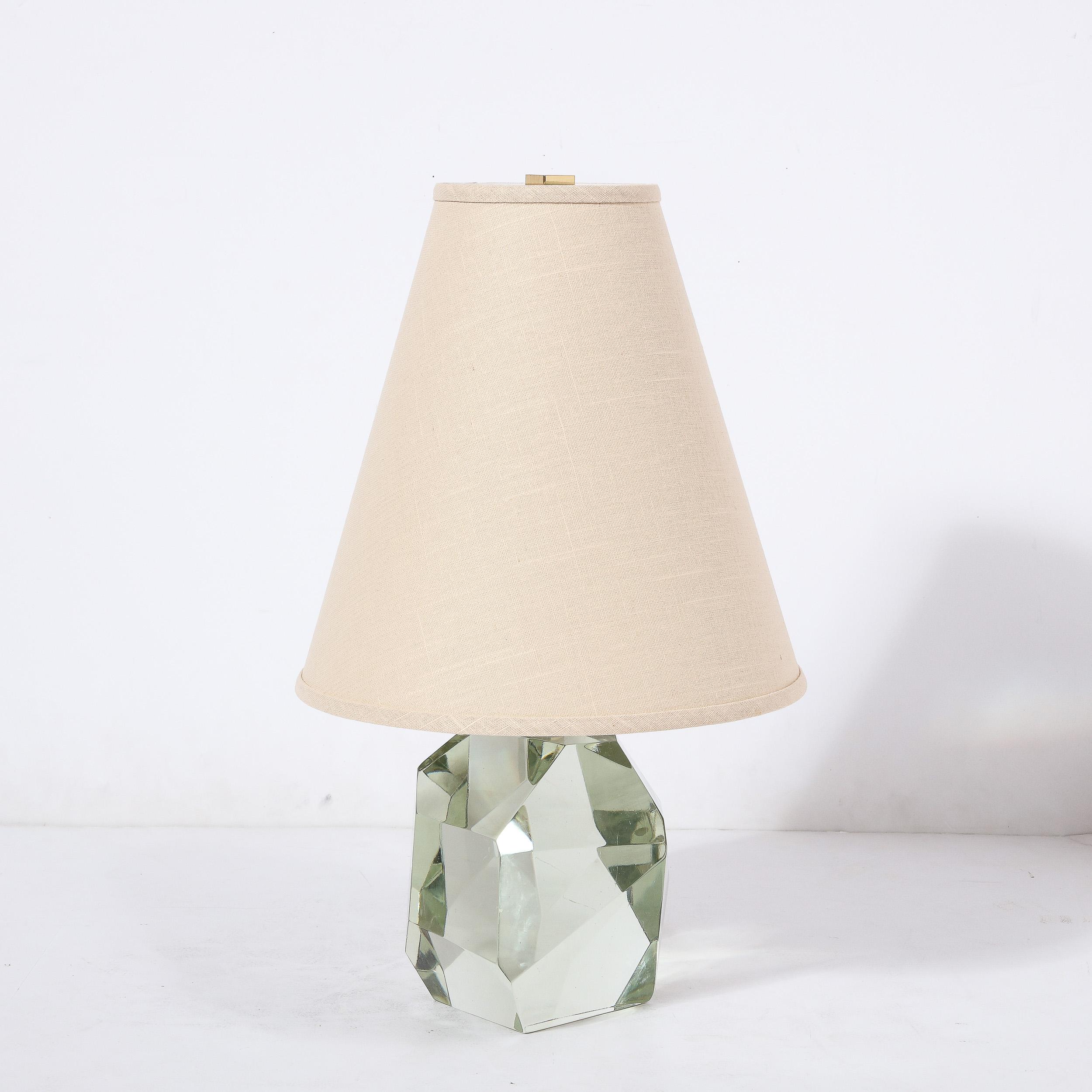 Pair of Modernist Faceted Hand-Blown Mineral Green Murano Glass Table Lamps For Sale 3