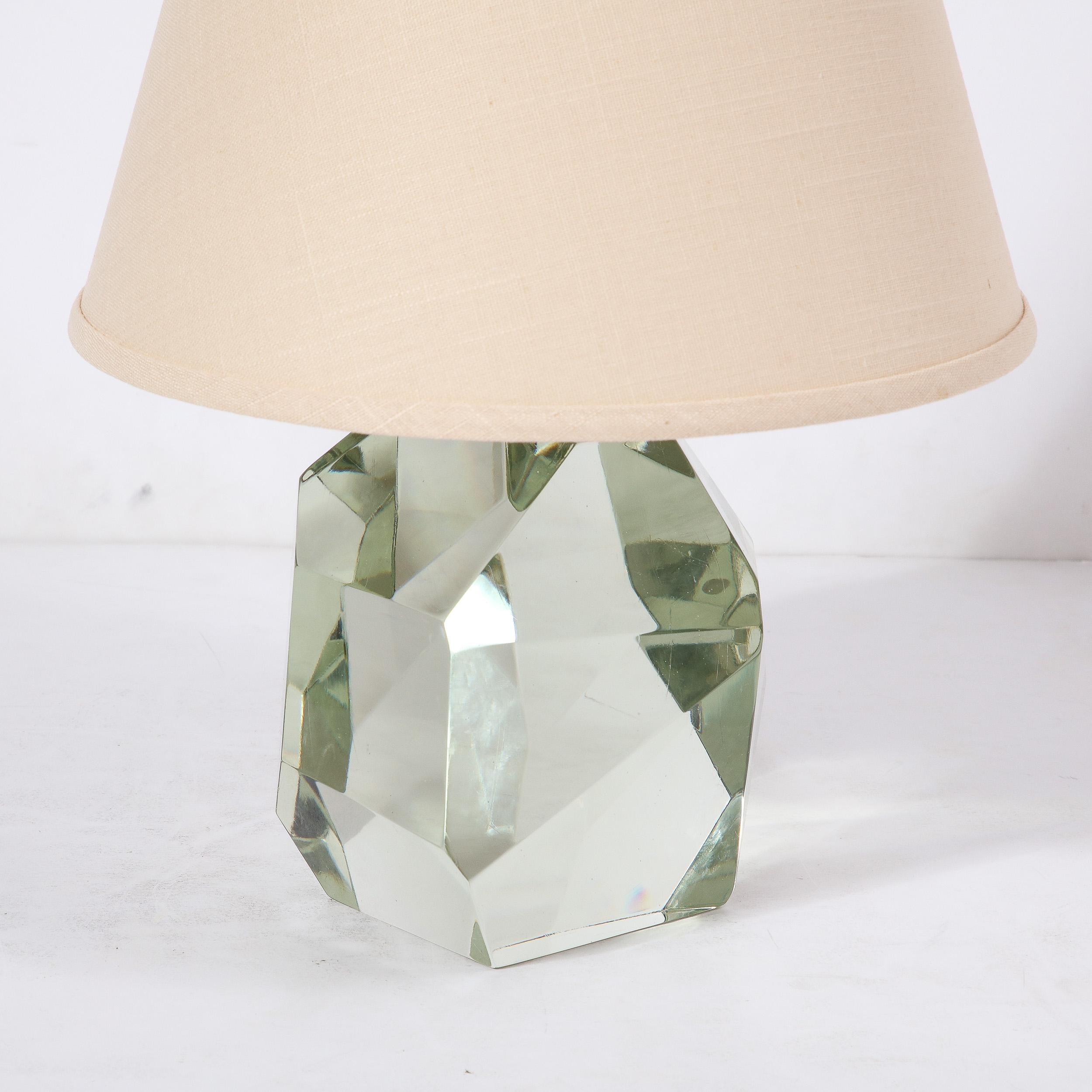 Pair of Modernist Faceted Hand-Blown Mineral Green Murano Glass Table Lamps For Sale 4